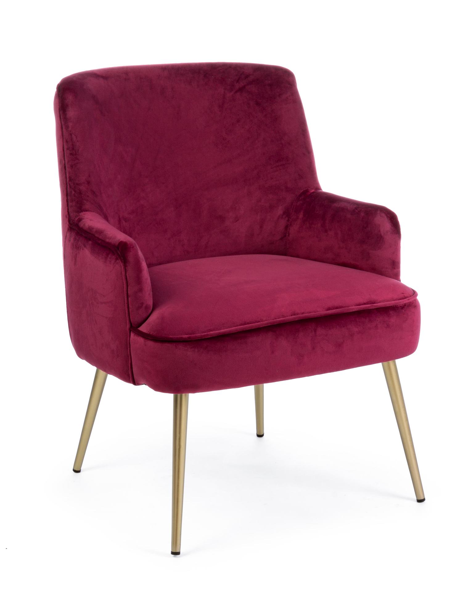 Der Sessel Clelia überzeugt mit seinem modernen Design. Gefertigt wurde er aus Stoff in Samt-Optik, welcher einen roten Farbton besitzt. Das Gestell ist aus Metall und hat eine goldene Farbe. Der Sessel besitzt eine Sitzhöhe von 43 cm. Die Breite beträgt 
