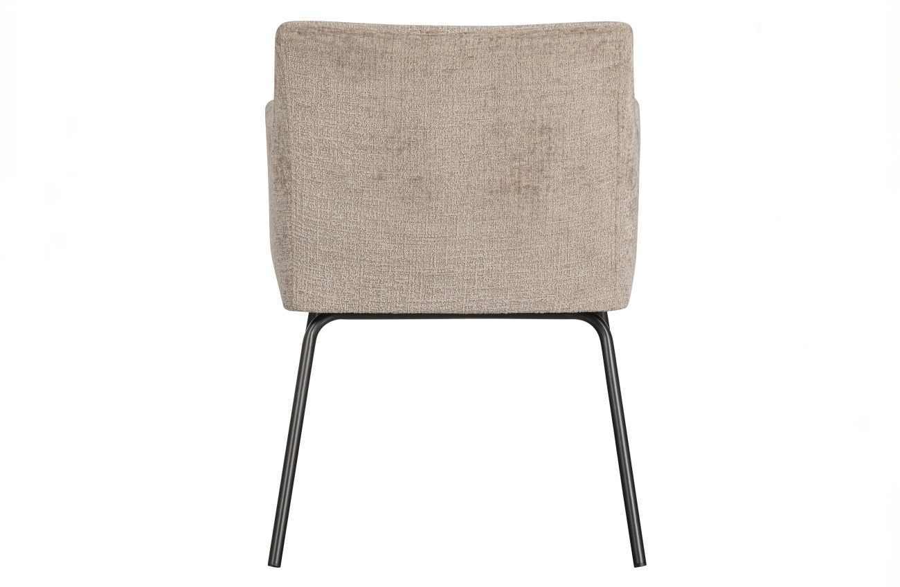 Der Esszimmerstuhl Kam überzeugt mit seinem modernen Stil. Gefertigt wurde er aus groben Samt, welches einen Sand Farbton besitzt. Das Gestell ist aus Metall und hat eine schwarze Farbe. Der Stuhl verfügt über eine Sitzhöhe von 49 cm.
