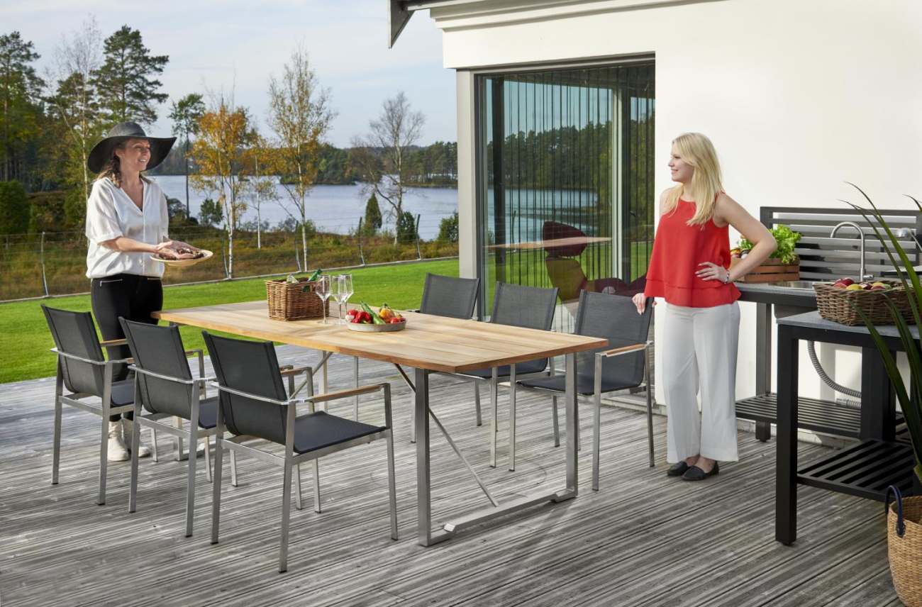 Der Gartenesstisch Gotland überzeugt mit seinem modernen Design. Gefertigt wurde die Tischplatte aus Akazienhholz und besitzt einen natürlichen Farbton. Das Gestell ist auch aus Metall und hat eine silberne Farbe. Der Tisch besitzt eine Länger von 220 cm.