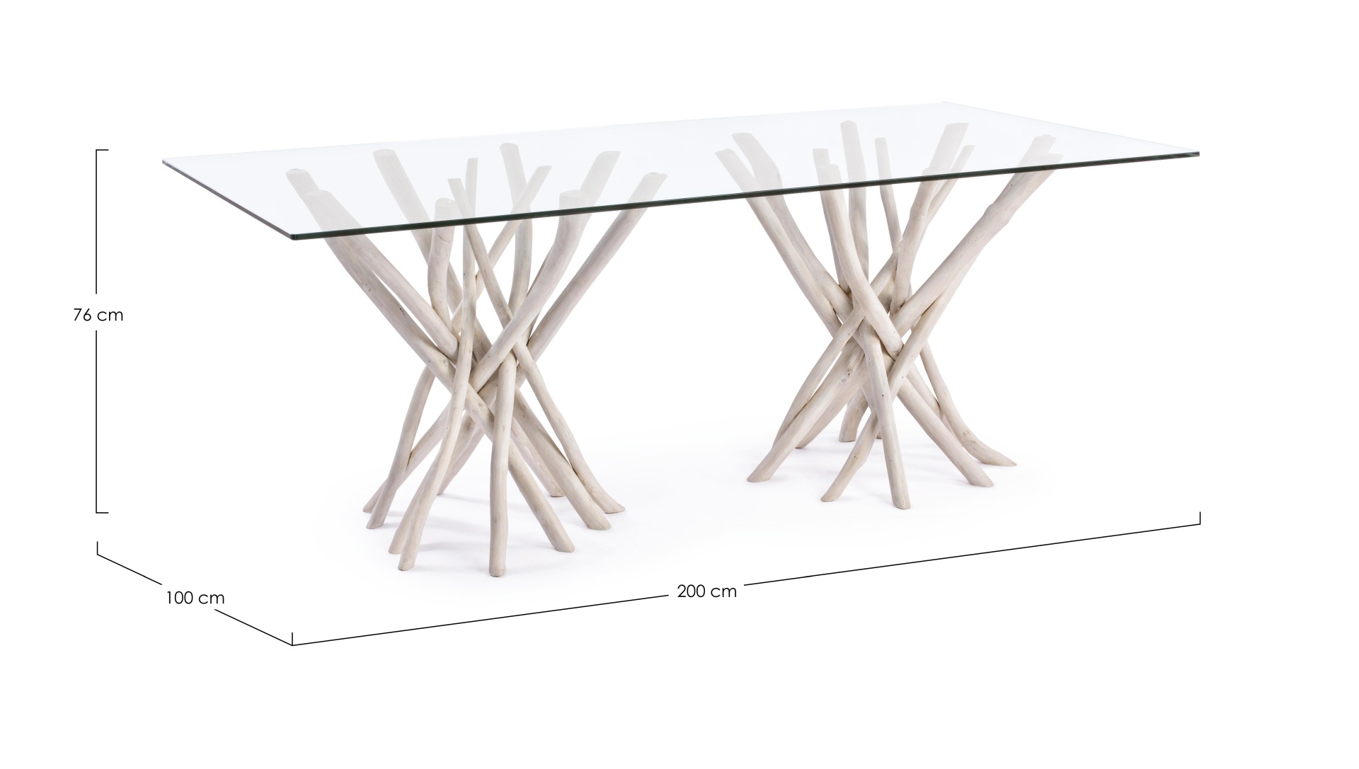Der Esstisch Sahelt überzeugt mit seinem moderndem Design. Gefertigt wurde er aus einer Glasplatte. Das Gestell des Tisches ist aus Teakholz Zweigen und ist in einer weißen Farbe. Der Tisch besitzt eine Breite von 200 cm.