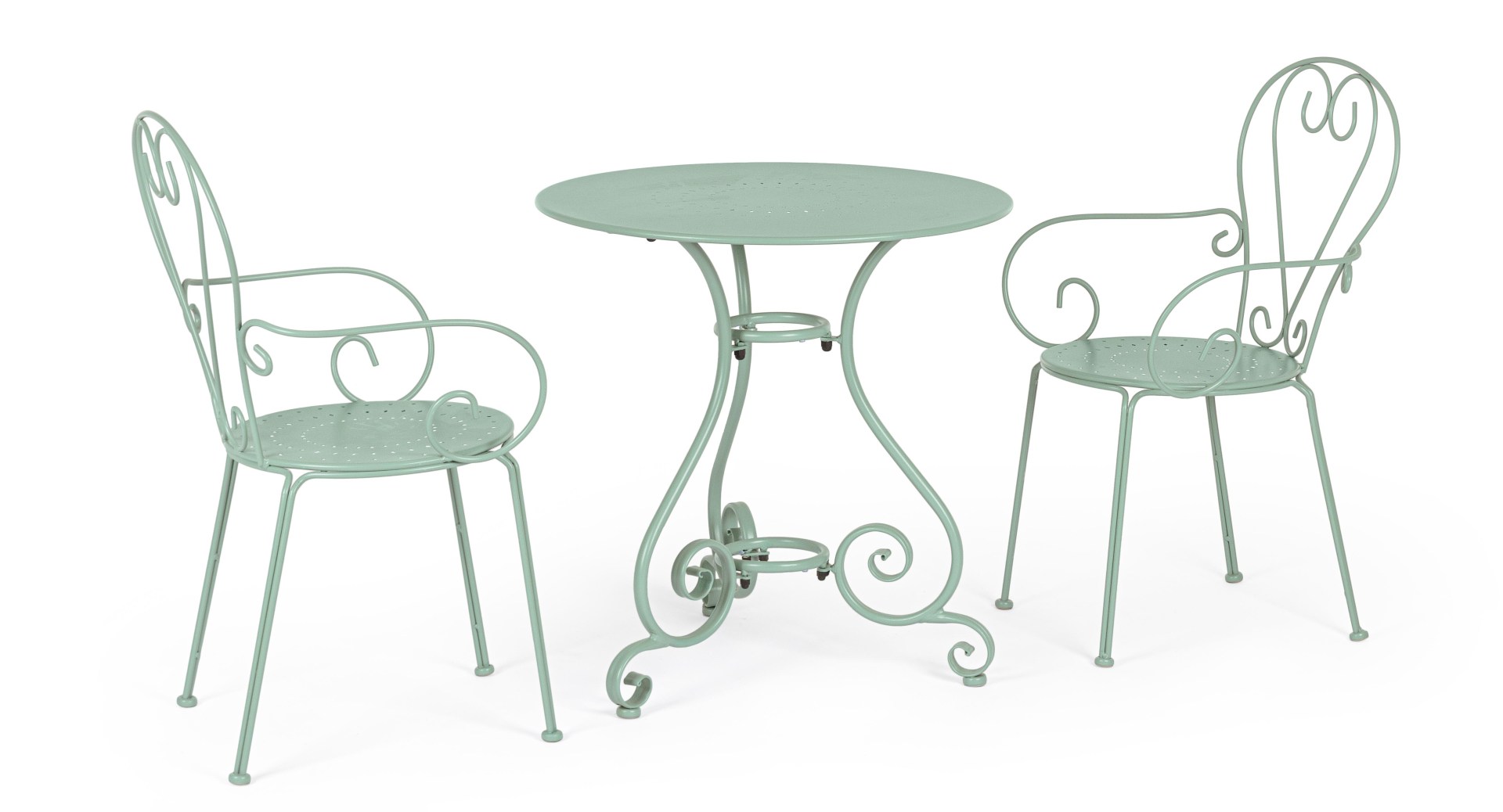 Der Gartentisch Etienne überzeugt mit seinem klassischen Design. Gefertigt wurde er aus Aluminium, welches einen grünen Farbton besitzt. Das Gestell ist aus auch Aluminium und hat eine grüne Farbe. Der Tisch verfügt über einen Durchmesser von 70 cm und is