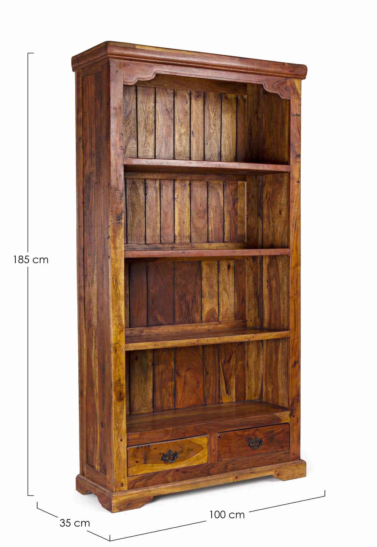 Das Bücherregal Chateaux überzeugt mit seinem klassischen Design. Gefertigt wurde es aus Akazienholz, welches einen natürlichen Farbton besitzt. Das Gestell ist auch aus Akazienholz. Das Bücherregal verfügt über vier Fächer und zwei Schubladen. Die Breite