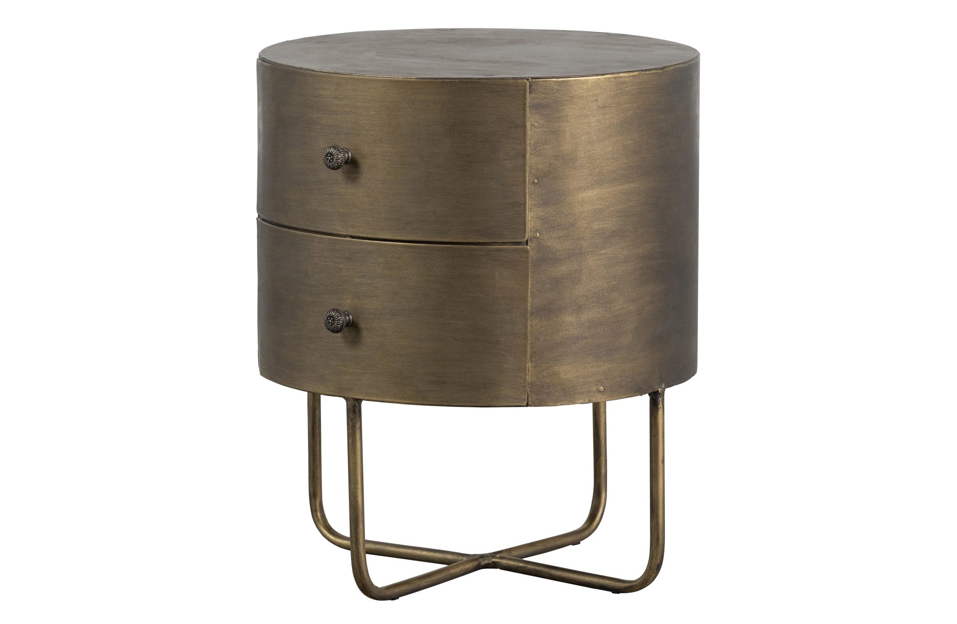 Der Nachttisch Glossy besitzt eine runde Form. Gefertigt wurde der Tisch aus Metall und hat einen goldenen Farbton.