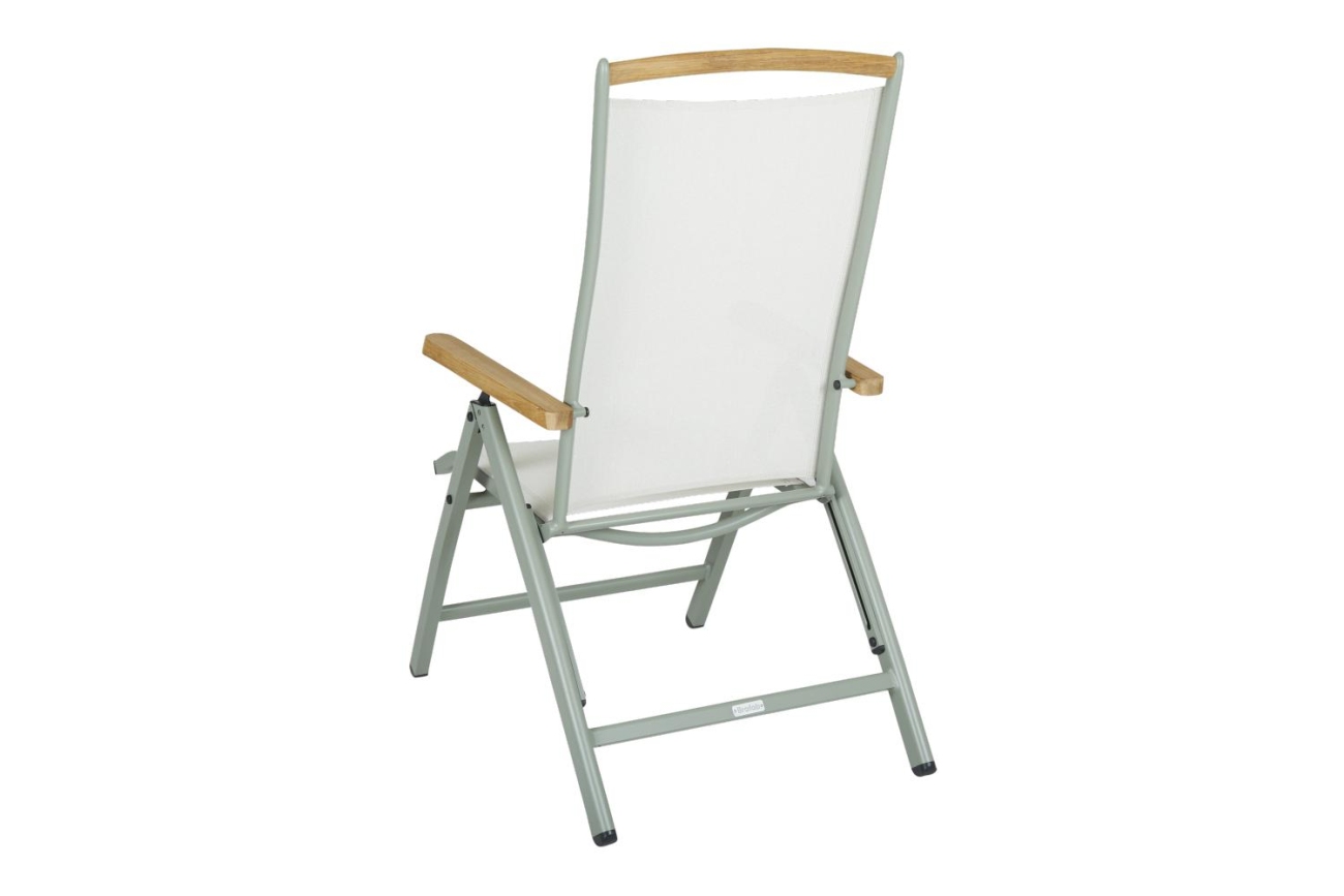 Der Gartenstuhl Andy überzeugt mit seinem modernen Design. Gefertigt wurde er aus Textilene, welches einen weißen Farbton besitzt. Das Gestell ist aus Metall und hat eine grüne Farbe. Die Armlehne ist aus Teakholz. Die Sitzhöhe des Sessels beträgt 44 cm.