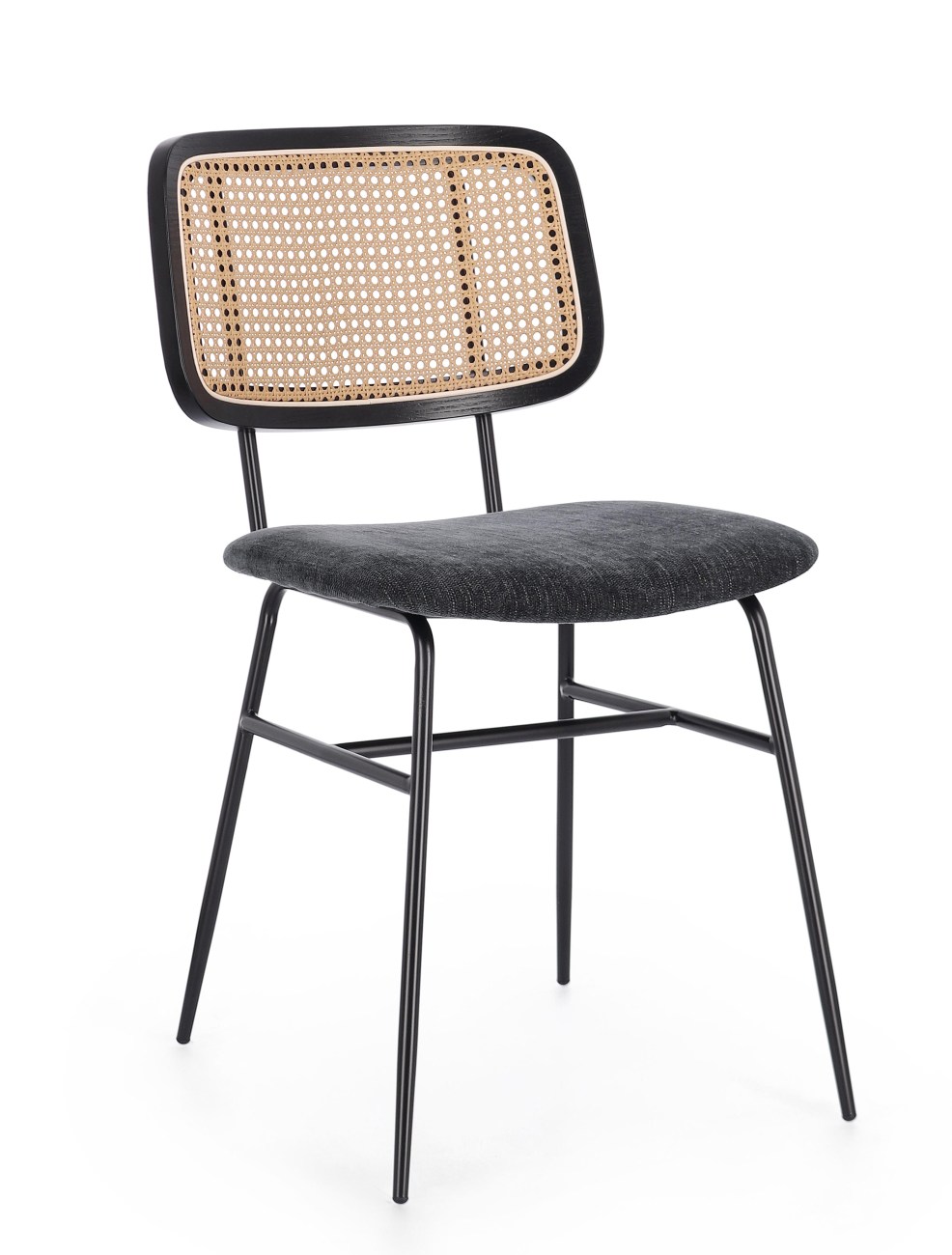 Der Esszimmerstuhl Glenna überzeugt mit seinem modernen Stil. Gefertigt wurde er aus Stoff, welcher einen dunkelgrauen Farbton besitzt. Das Gestell ist aus Metall und hat eine schwarze Farbe. Der Stuhl besitzt eine Sitzhöhe von 48 cm.