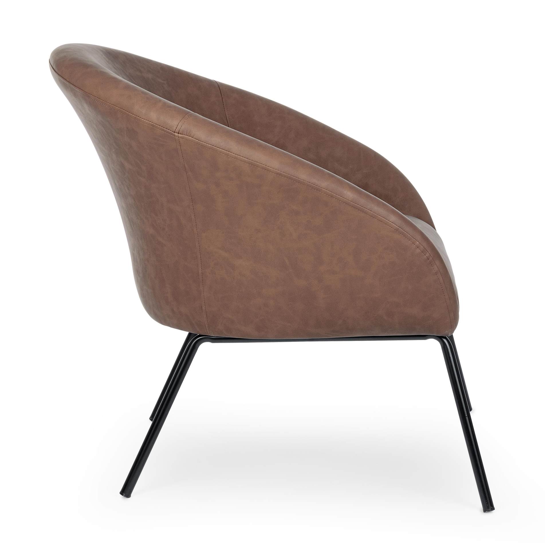Der Sessel Aiko überzeugt mit seinem modernen Design. Gefertigt wurde er aus Kunstleder, welches einen Cognac Farbton besitzt. Das Gestell ist aus Metall und hat eine schwarze Farbe. Der Sessel besitzt eine Sitzhöhe von 45 cm. Die Breite beträgt 80 cm.