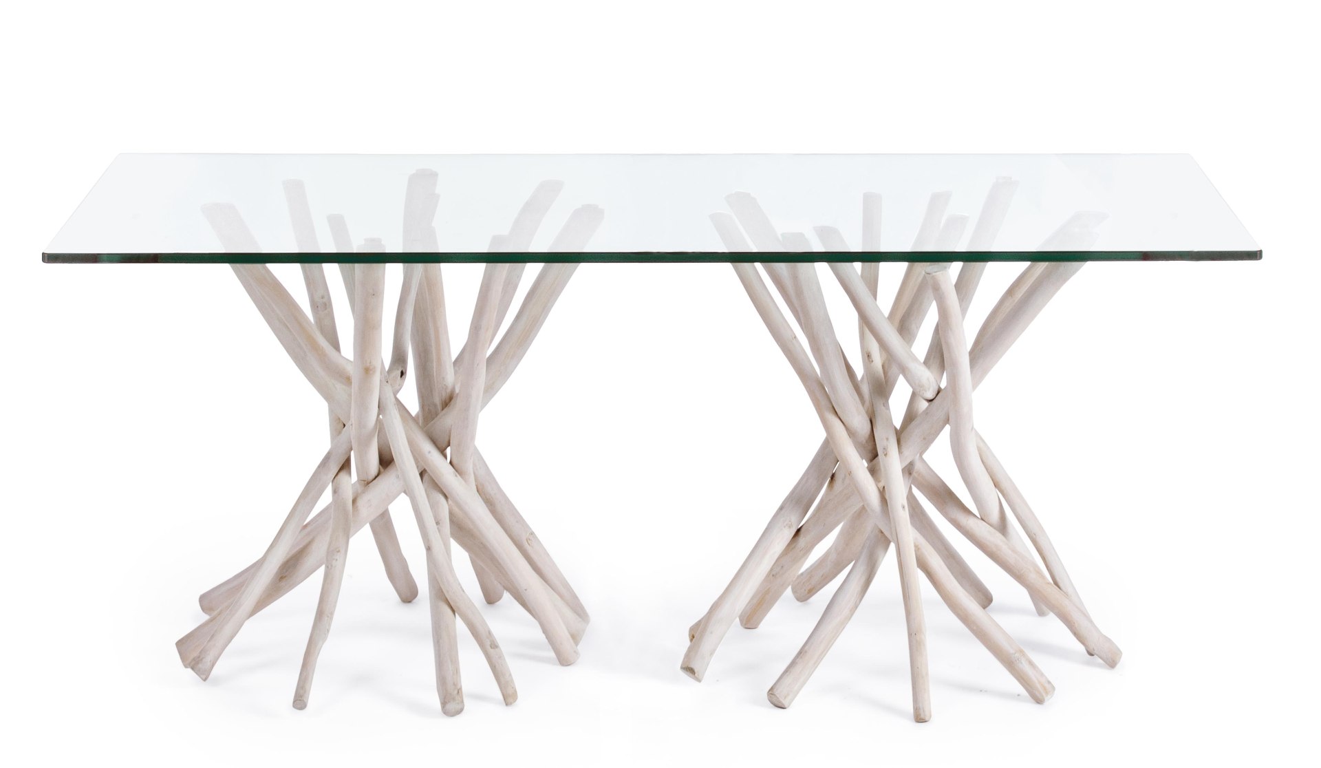 Der Esstisch Sahelt überzeugt mit seinem moderndem Design. Gefertigt wurde er aus einer Glasplatte. Das Gestell des Tisches ist aus Teakholz Zweigen und ist in einer weißen Farbe. Der Tisch besitzt eine Breite von 200 cm.