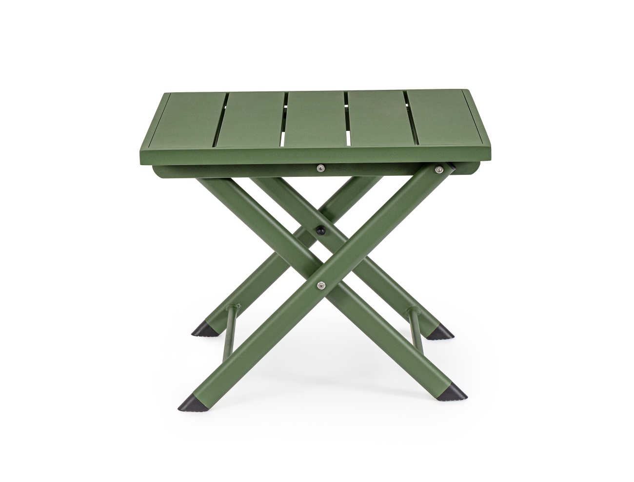 Der Gartenbeistelltisch Taylor überzeugt mit seinem modernen Design. Gefertigt wurde er aus Aluminium, welches einen grünen Farbton besitzt. Das Gestell ist auch aus Aluminium. Der Tisch besitzt eine Größe von 44x43 cm. Der Tisch ist klappbar.