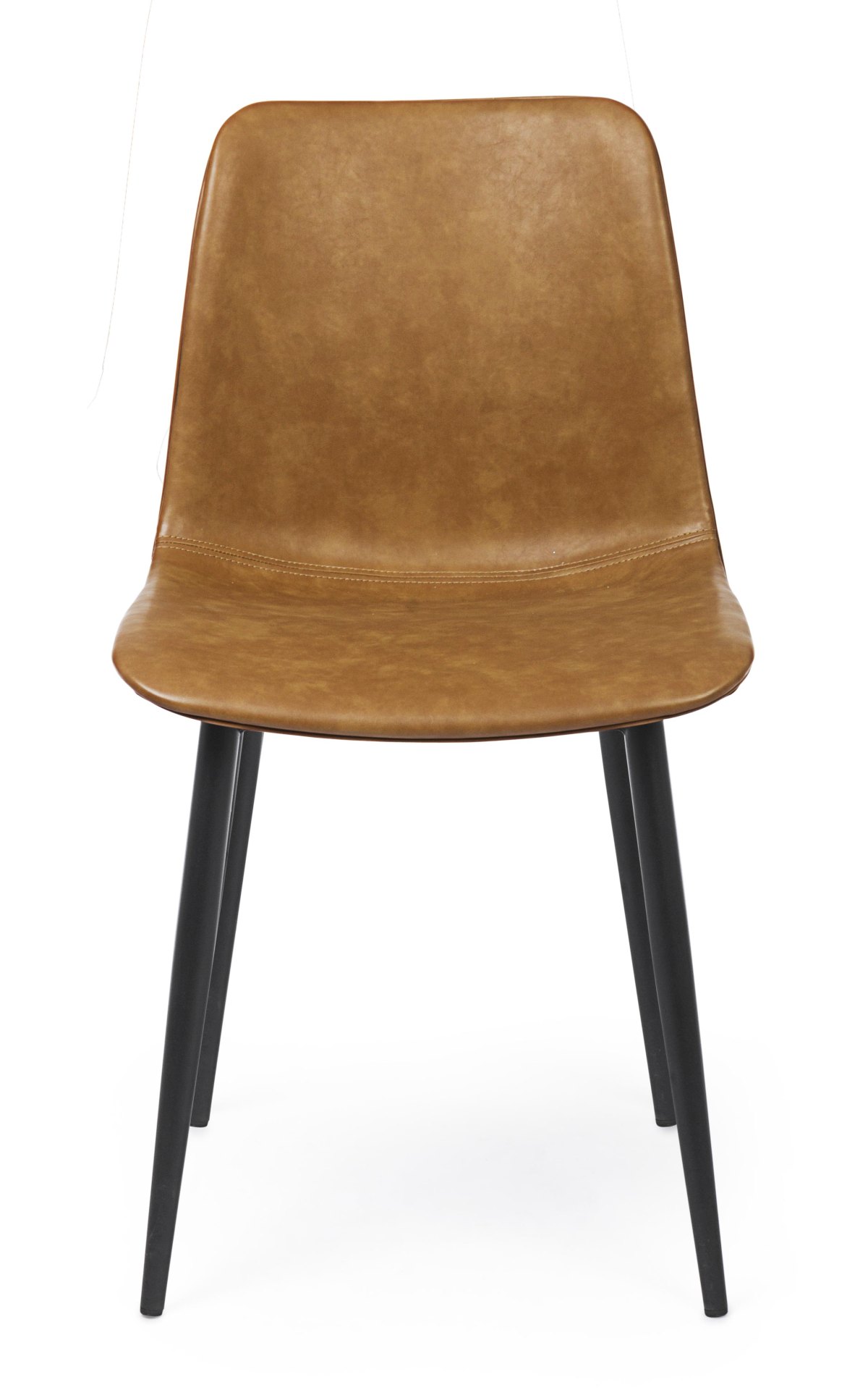 Der Esszimmerstuhl Kyra überzeugt mit seinem modernen Design. Gefertigt wurde der Stuhl aus Kunstleder, welcher einen Cognac Farbton besitzt. Das Gestell ist aus Metall und ist Schwarz. Die Sitzhöhe beträgt 44 cm.