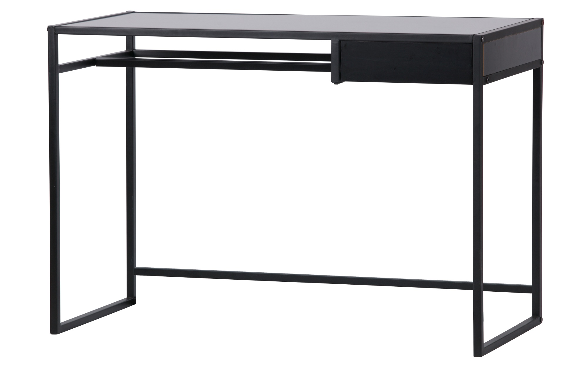 Der Schreibtisch Teun besitzt ein industrielles Design. Gefertigt wurde er aus Metall, welches eine schwarze Farbe besitzt. Der Schreibtisch verfügt über eine kleine Schublade.