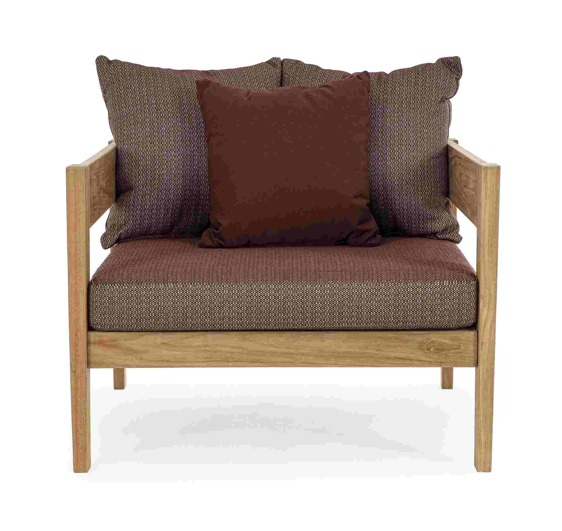 Der Gartensessel Kobo überzeugt mit seinem klassischen Design. Gefertigt wurde er aus Teakholz, welche einen natürlichen Farbton besitzt. Die Kissen und Auflagen haben eine rote Farbe. Der Sessel verfügt über eine Sitzhöhe von 41 cm und ist für den Outdoo