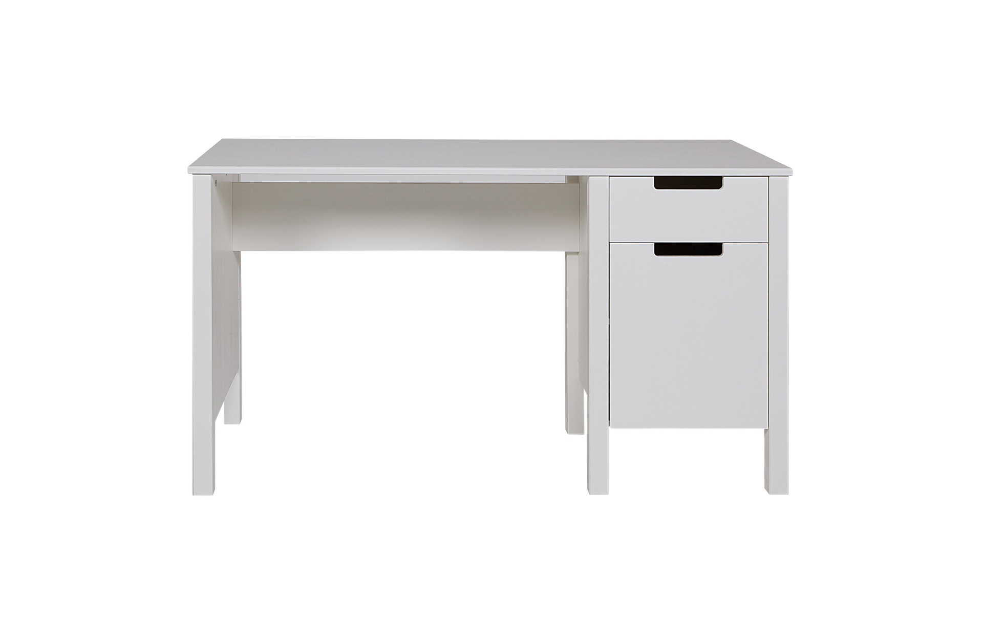 Der Schreibtisch Jade wurde aus Kiefernholz gefertigt und besitzt einen weißen Farbton. Der Tisch verfügt über eine Schublade und ein Tür für Stauraum.