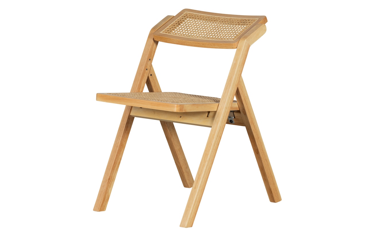 Der Klappstuhl Weft überzeugt mit seinem modernen Design. Gefertigt wurde er aus Rattan, welcher einen natürlichen Farbton besitzt. Das Gestell ist aus Holz und hat eine natürliche Farbe. Der Stuhl besitzt eine Größe von 77x47x60  cm.