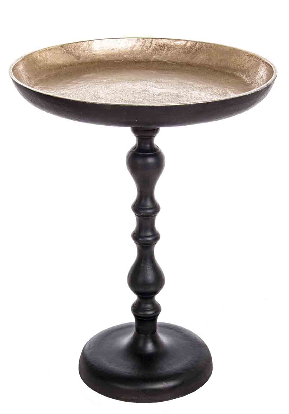 Der runde Beistelltisch Tahir wurde aus Aluminium gefertigt. Die Oberfläche ist in einem Bronze-Farbton und das Gestell ist schwarz.