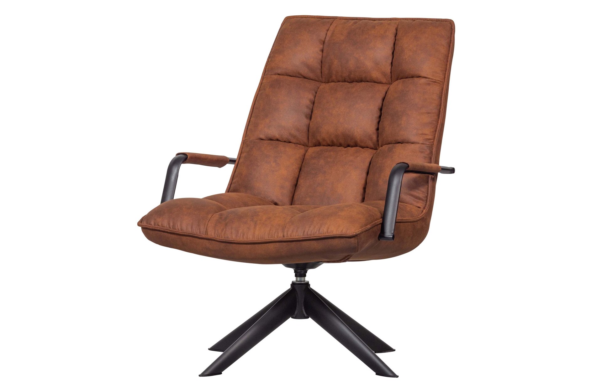 Der Drehsessel Jouke überzeugt mit seinem modernem Design. Gefertigt wurde er aus PU-Leder, welches einen Cognac Farbton besitzt. Das Gestell ist aus Metall und hat eine schwarze Farbe. Der Sessel hat eine Drehfunktion und besitzt eine Sitzhöhe von 43 cm.