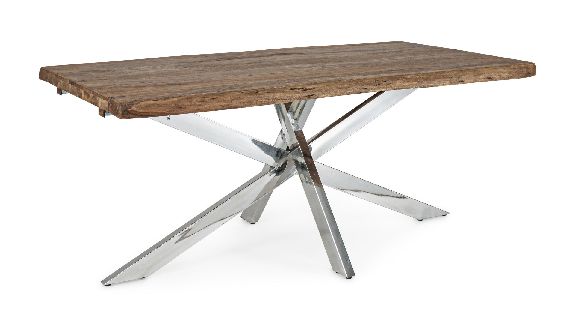 Der Esstisch Arkansas überzeugt mit seinem modernem Design. Gefertigt wurde er aus Akazienholz, welches einen natürlichen Farbton besitzt. Das Gestell ist aus Metall und hat einen silbernen Farbton. Der Tisch ist ausziehbar von einer Länge von 180 cm auf 