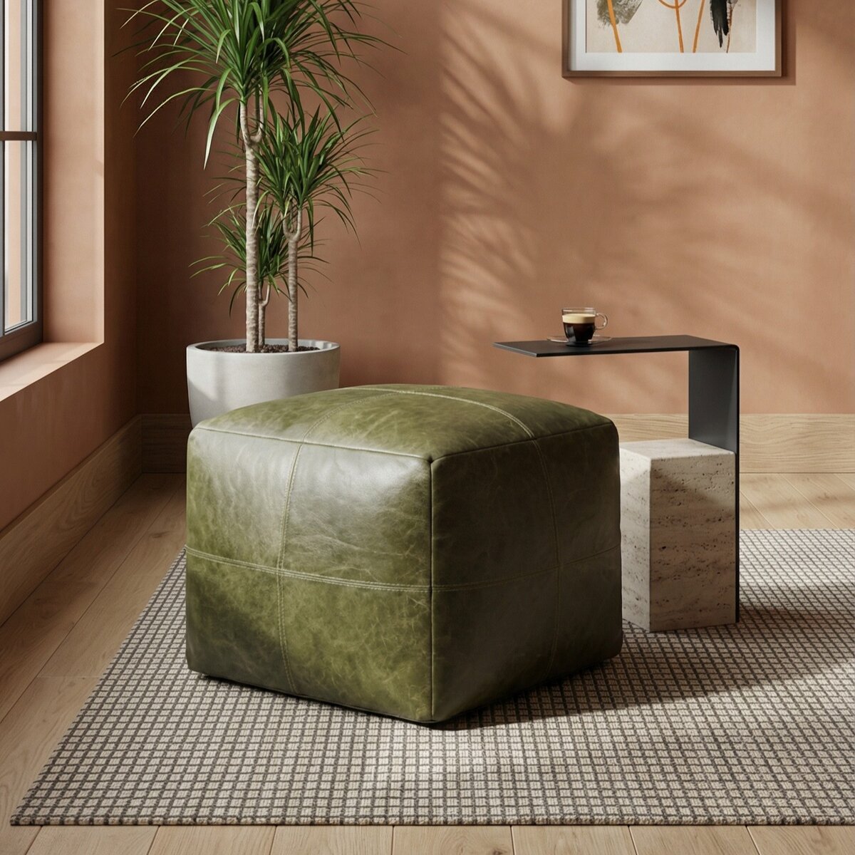 Pouf Anneta aus Leder 50x50 cm, Olive-Grün