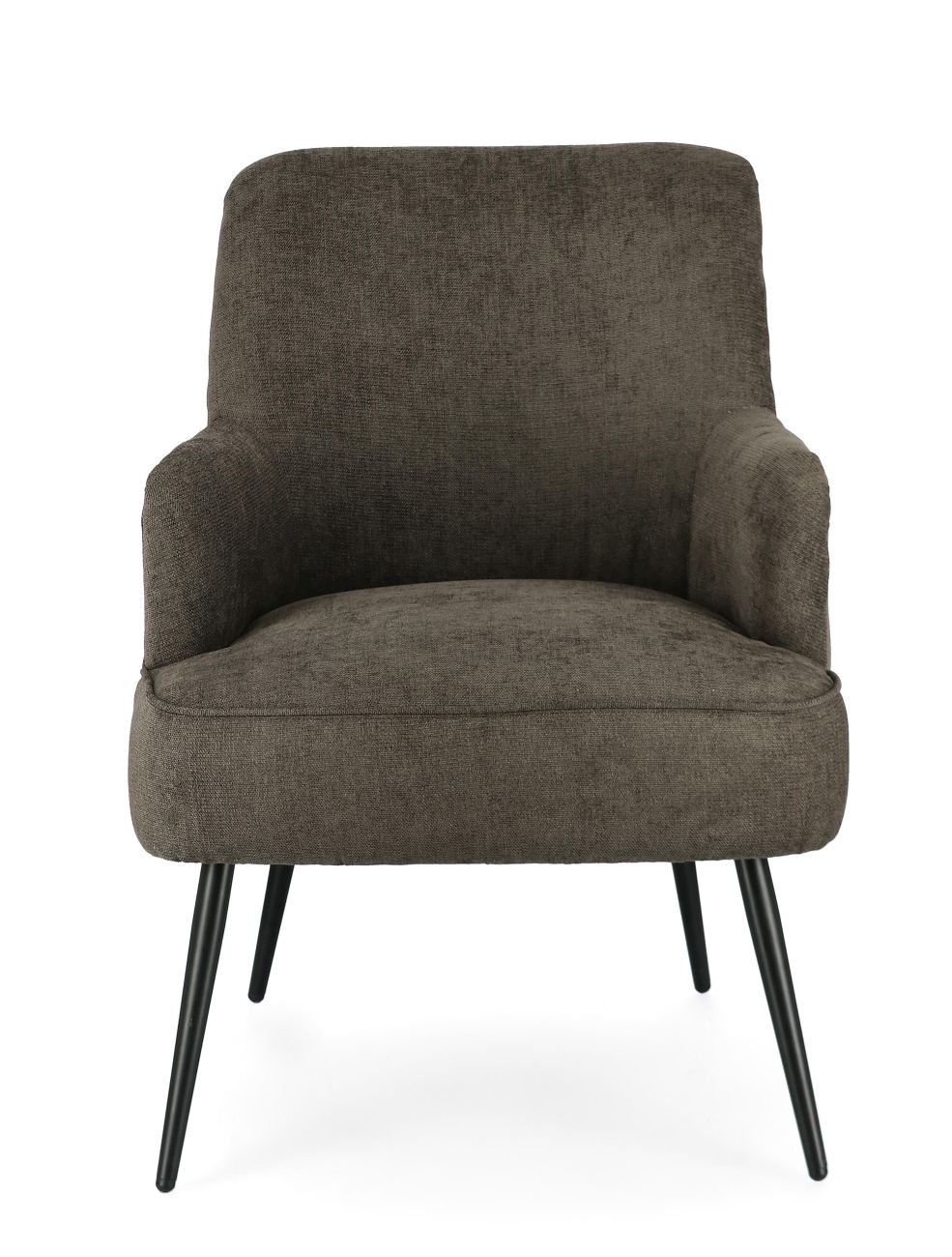 Der Sessel Ernestine überzeugt mit seinem modernen Stil. Gefertigt wurde er aus einem Stoff-Bezug, welcher einen dunkelbraunen Farbton besitzt. Das Gestell ist aus Metall und hat eine schwarze Farbe. Der Sessel verfügt über eine Armlehne.