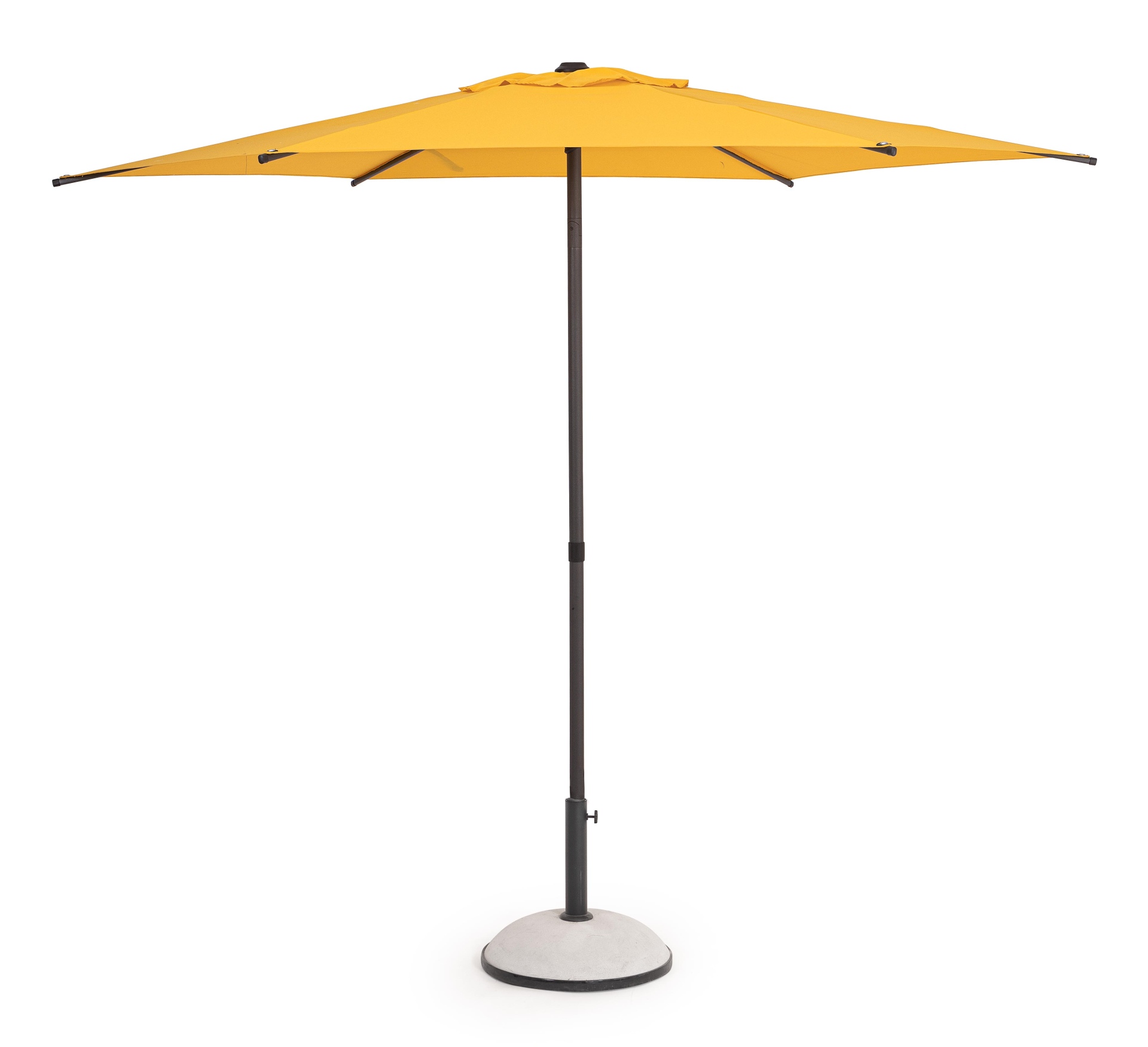 Der Sonnenschirm Samba überzeugt mit seinem klassischen Design. Gefertigt wurde er aus einer Polyester Plane, welche einen gelben Farbton besitzt. Das Gestell ist aus Metall und hat eine Anthrazit Farbe. Der Sonnenschirm verfügt über einen Durchmesser von