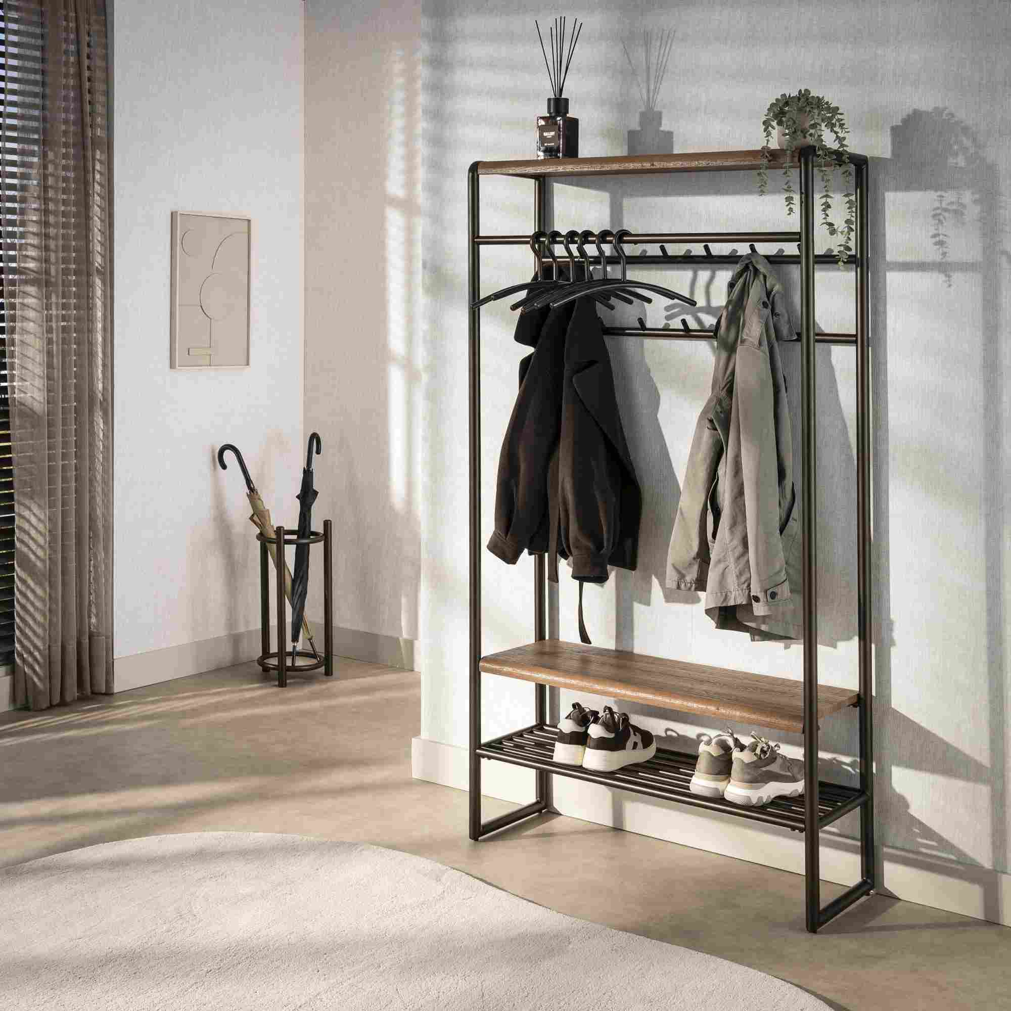 Garderobenmöbel Onul 100 cm Metall Bronze mit Ablagen in Eichenoptik | 100 cm