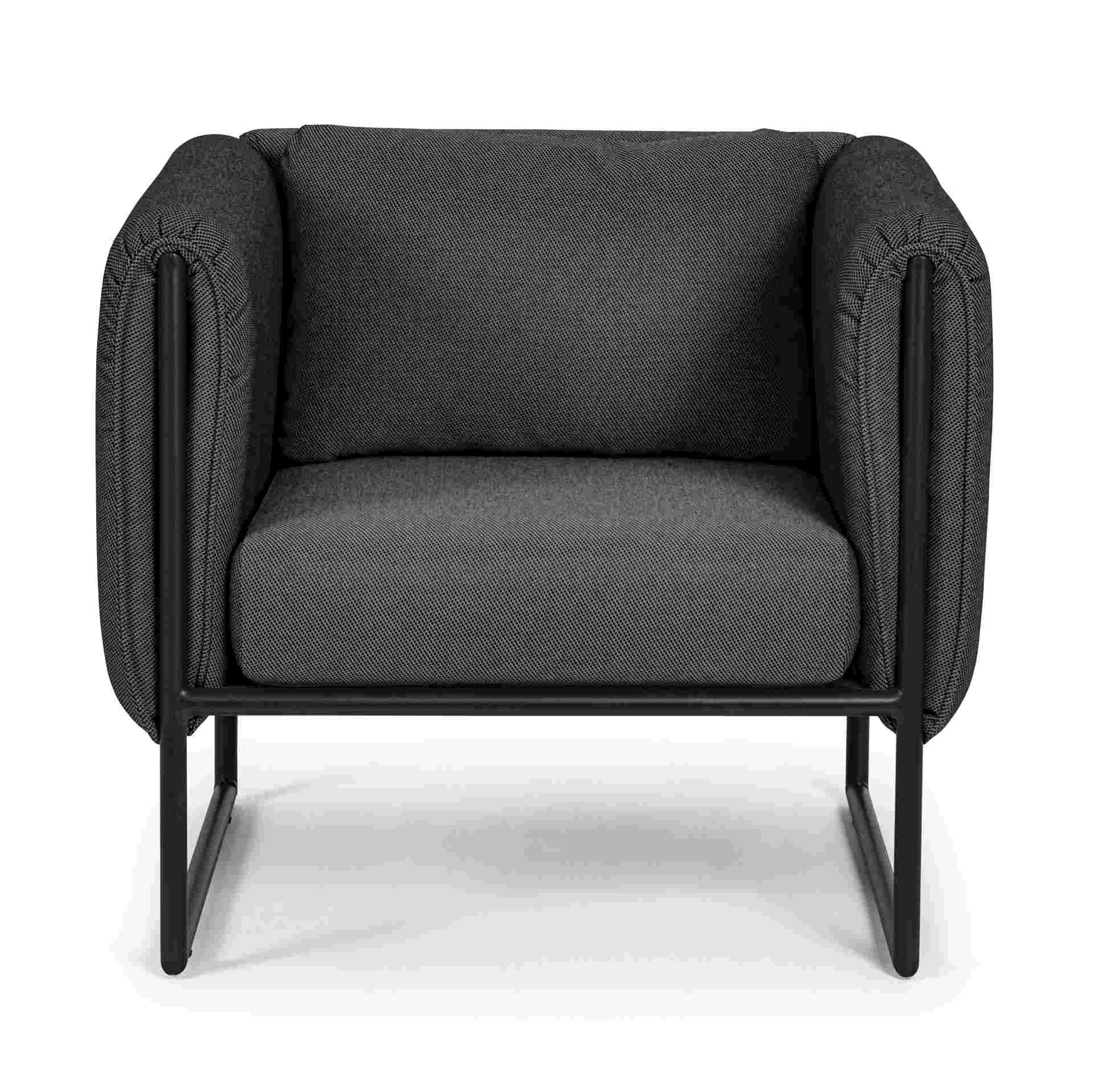 Der Gartensessel Pixel überzeugt mit seinem modernen Design. Gefertigt wurde er aus Olefin-Stoff, welcher einen Anthrazit Farbton besitzt. Das Gestell ist aus Aluminium und hat eine schwarze Farbe. Der Sessel verfügt über eine Sitzhöhe von 42 cm und ist f
