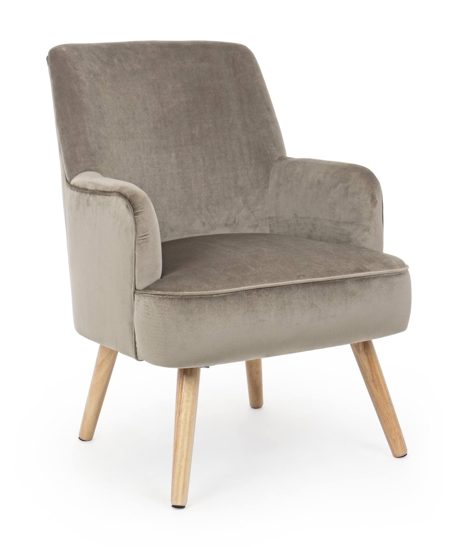 Der Sessel Adeline überzeugt mit seinem klassischen Design. Gefertigt wurde er aus Stoff in Samt-Optik, welcher einen Taupe Farbton besitzt. Das Gestell ist aus Buchenholz und hat eine natürliche Farbe. Der Sessel besitzt eine Sitzhöhe von 42 cm. Die Brei