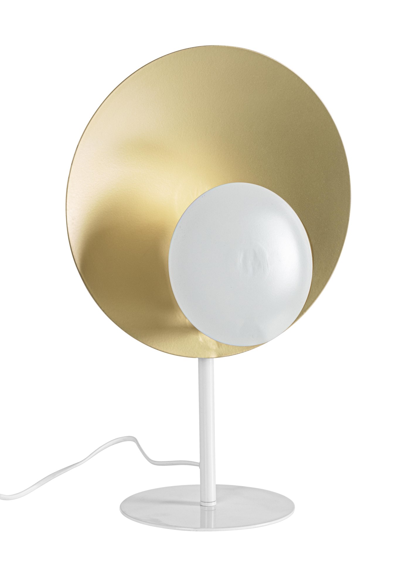 Die Tischleuchte Design überzeugt mit ihrem modernen Design. Gefertigt wurde sie aus Metall, welches einen weißen Farbton besitzt. Der Lampenschirm ist auch aus Metall und hat eine goldene Farbe. Die Lampe besitzt eine Höhe von 46 cm.
