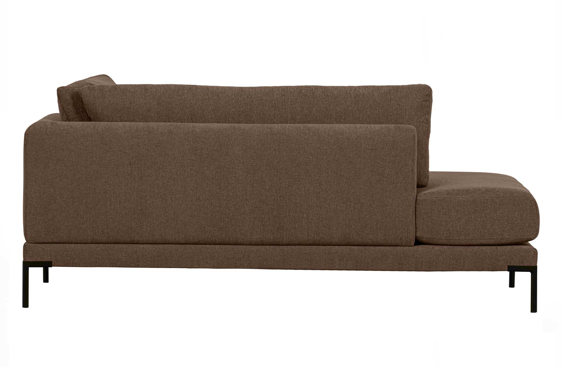 Das Modulsofa Couple Lounge überzeugt mit seinem modernen Design. Das Lounge Element mit der Ausführung Links wurde aus Melange Stoff gefertigt, welcher einen einen braunen Farbton besitzen. Das Gestell ist aus Metall und hat eine schwarze Farbe. Das Elem