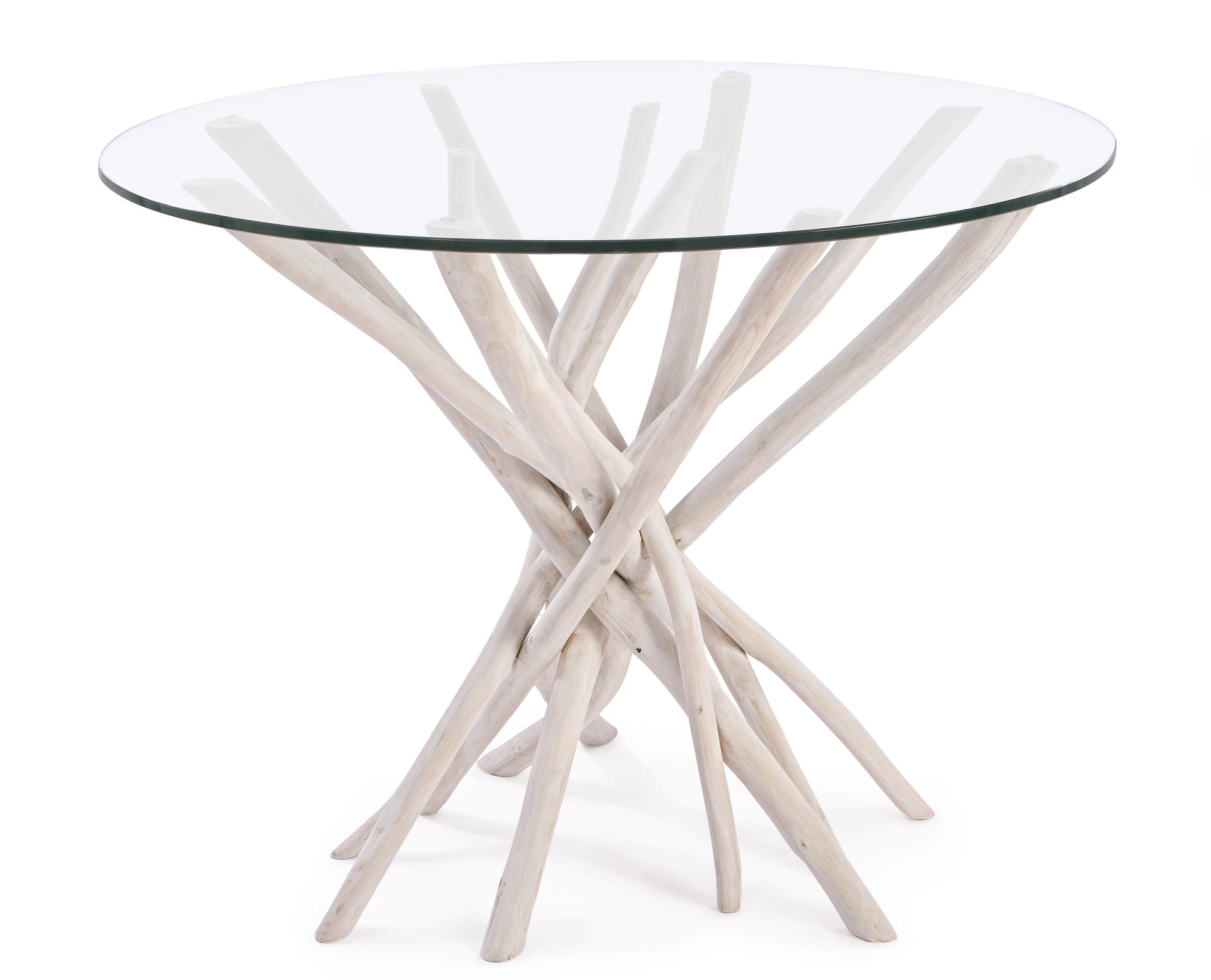 Der Esstisch Sahelt überzeugt mit seinem moderndem Design. Gefertigt wurde er aus einer Glasplatte. Das Gestell des Tisches ist aus Teakholz Zweigen und ist in einer weißen Farbe. Der Tisch besitzt einen Durchmesser von 110 cm.