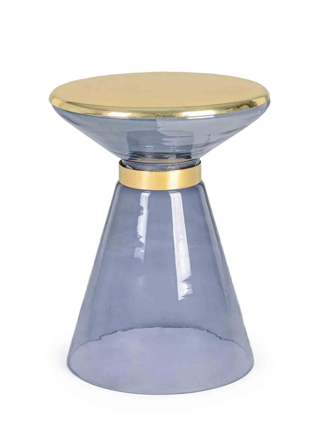 Der Beistelltisch Meriel hat ein modernes Design. Gefertigt wurde der Tisch aus Glas, die Oberfläche ist aus Messing vergoldetem Metall. Der Tisch hat einen grauen Farbton.