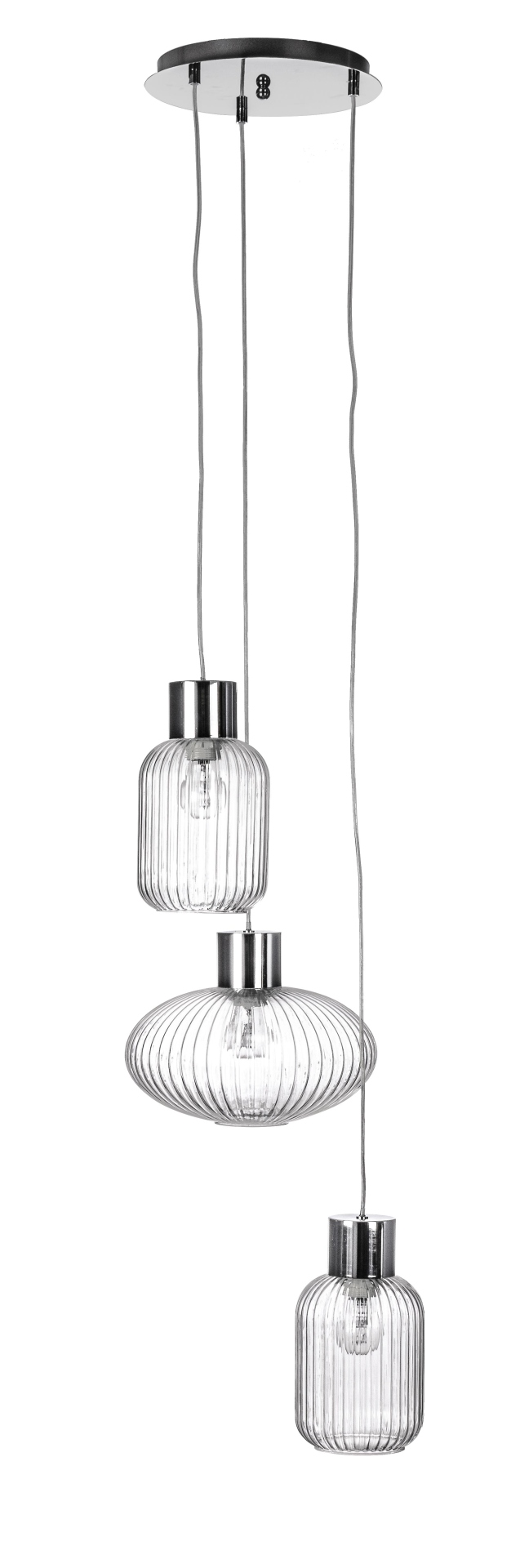 Die Hängeleuchte Showy überzeugt mit ihrem modernen Design. Gefertigt wurde sie aus Metall, welches einen silberne Farbton besitzt. Die Lampenschirme sind aus Glas und sind klar. Die Lampe besitzt eine Höhe von 150 cm.