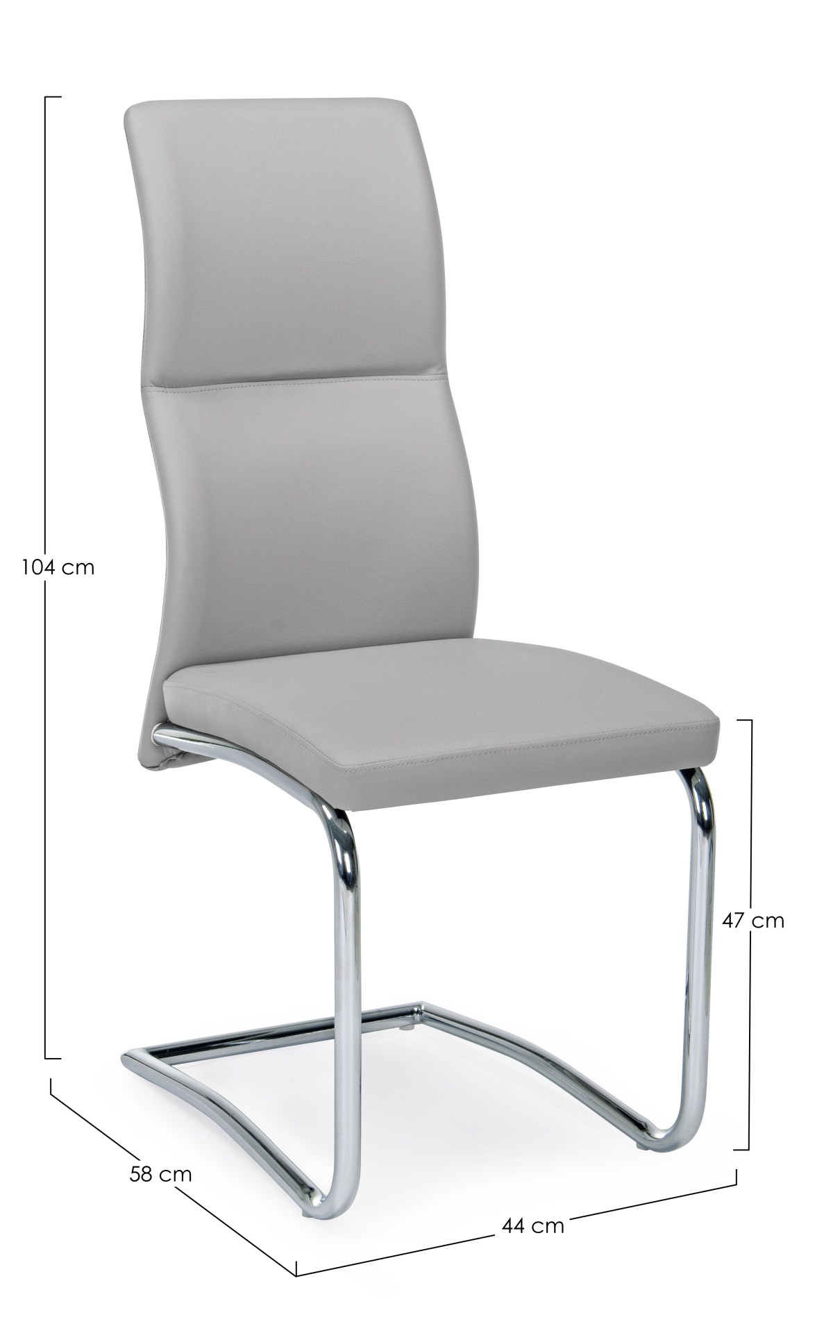 Der Esszimmerstuhl Thelma überzeugt mit seinem modernem Design. Gefertigt wurde der Stuhl aus Kunstleder, welches einen hellgrauen Farbton besitzt. Das Gestell ist aus Metall und ist Silber. Die Sitzhöhe beträgt 47 cm.