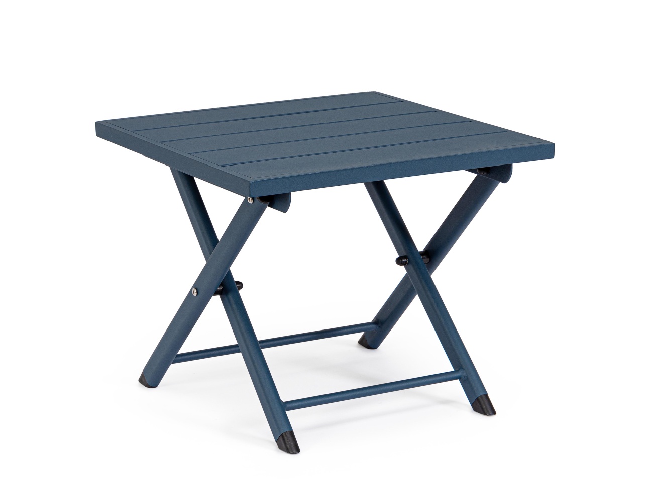 Der Gartenbeistelltisch Taylor überzeugt mit seinem modernen Design. Gefertigt wurde er aus Aluminium, welches einen blauen Farbton besitzt. Das Gestell ist auch aus Aluminium. Der Tisch besitzt eine Größe von 44x43 cm. Der Tisch ist klappbar.