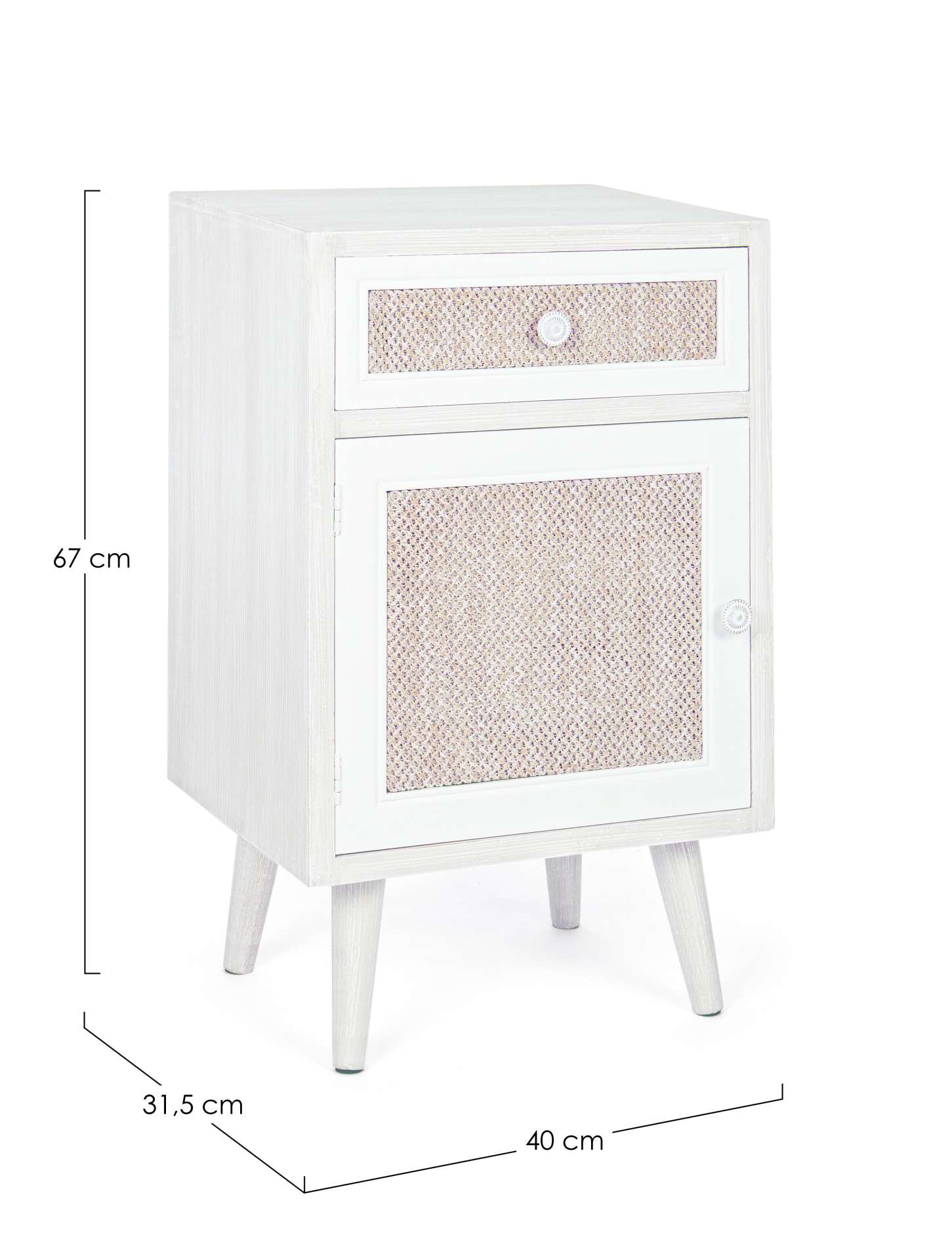 Der Nachttisch Montiel überzeugt mit seinem klassischen Design. Gefertigt wurde er aus MDF, welches einen weißen Farbton besitzt. Die Tür und Schublade ist aus Leinen gefertigt.. Der Nachttisch verfügt über eine Schublade und eine Tür. Die Breite beträgt 