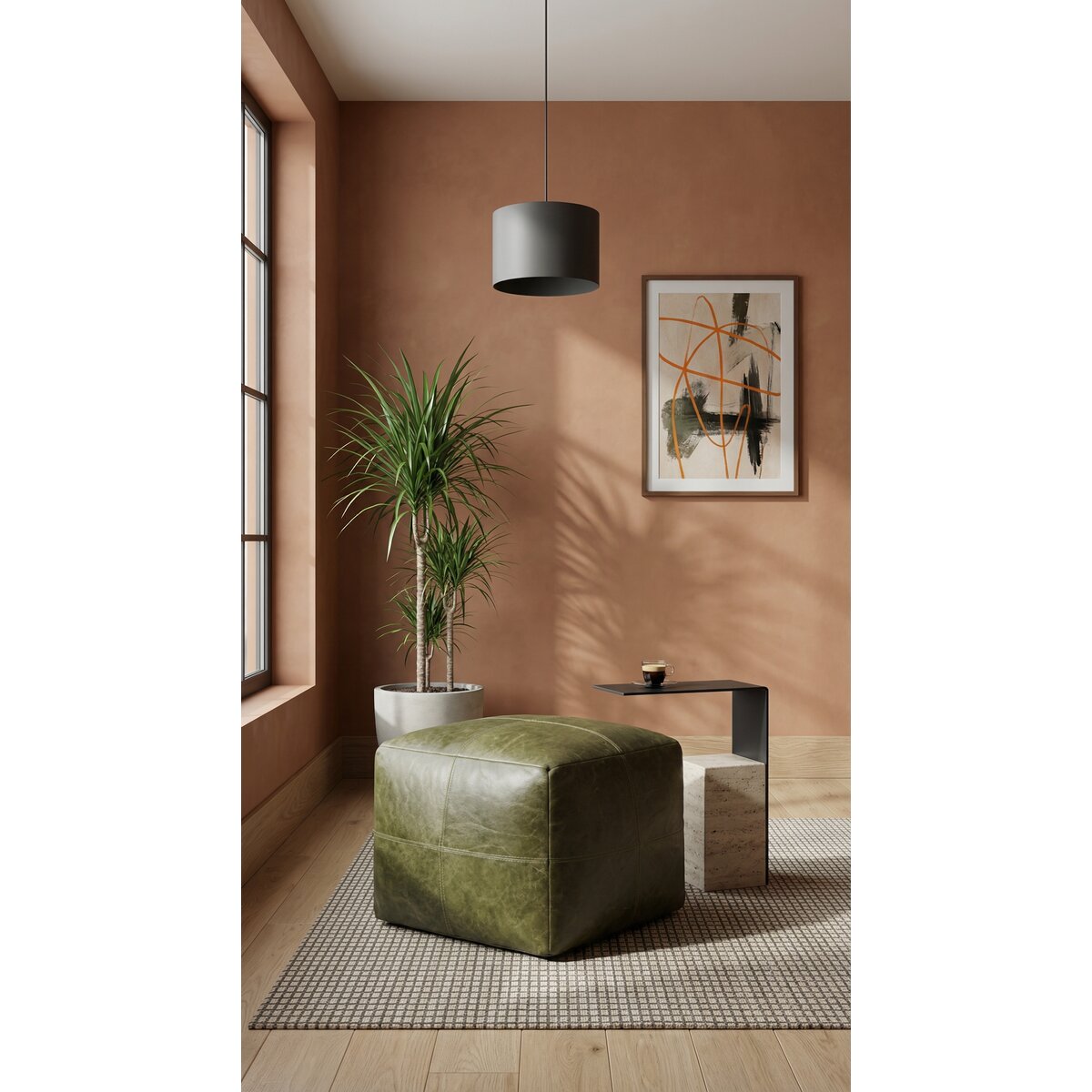 Pouf Anneta aus Leder 50x50 cm, Olive-Grün