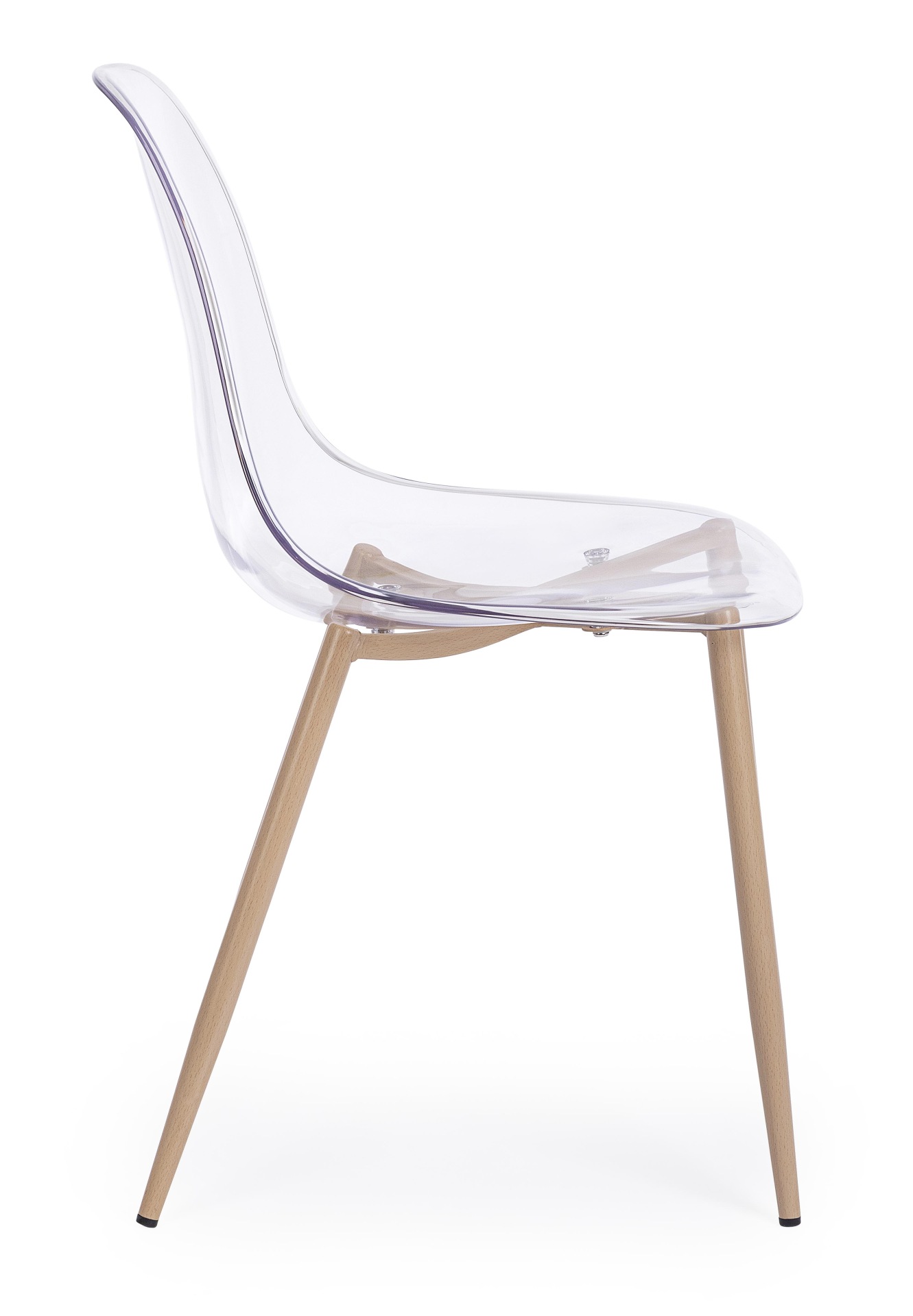 Der Stuhl Mandy überzeugt mit seinem modernem Design. Gefertigt wurde der Stuhl aus Kunststoff, welcher einen transparenten Farbton besitzt. Das Gestell ist aus Metall, welches eine Holz-Optik besitzt. Die Sitzhöhe des Stuhls ist 45 cm.