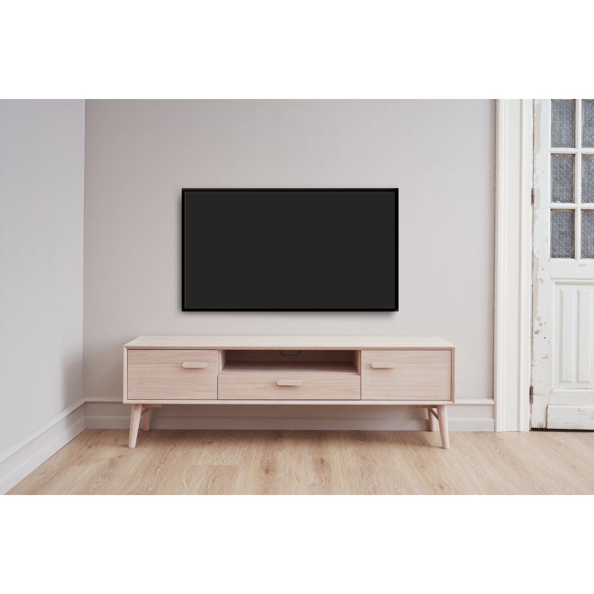 TV-Board Otaro Eiche Whitewash 160 cm - mit Türen, Schublade & Soft-Close