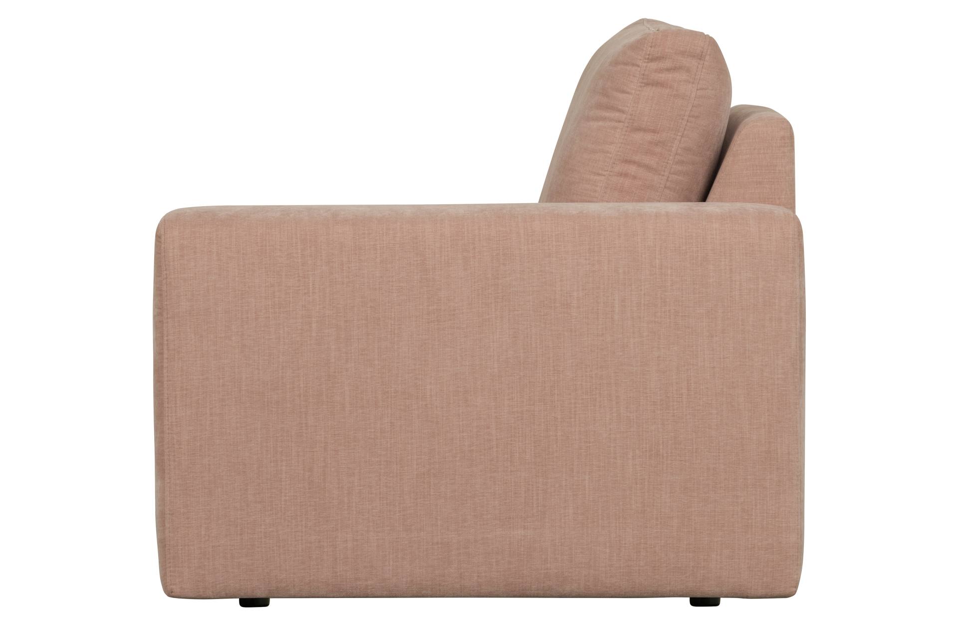 Das Modulsofa Family überzeugt mit seinem modernen Design. Das 1-Seat Element mit der Ausführung Rechts wurde aus Gewebe-Stoff gefertigt, welcher einen einen rosa Farbton besitzen. Das Gestell ist aus Metall und hat eine schwarze Farbe. Das Element hat ei