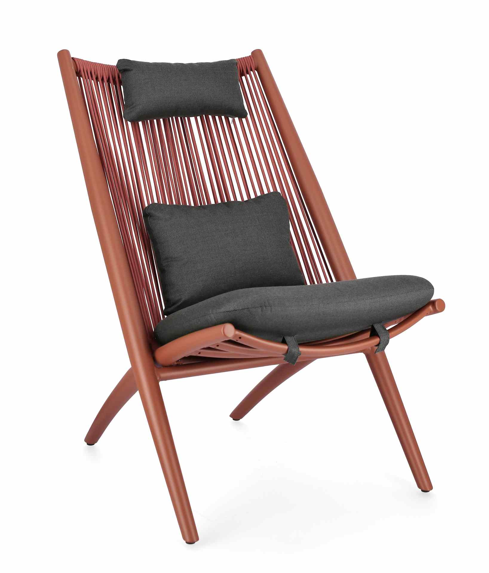 Der Gartensessel Aloha überzeugt mit seinem modernen Design. Gefertigt wurde er aus Kunstfaser-Stoff, welcher einen grauen Farbton besitzt. Das Gestell ist aus Aluminium und hat eine rote Farbe. Der Sessel verfügt über eine Sitzhöhe von 46 cm und ist für 