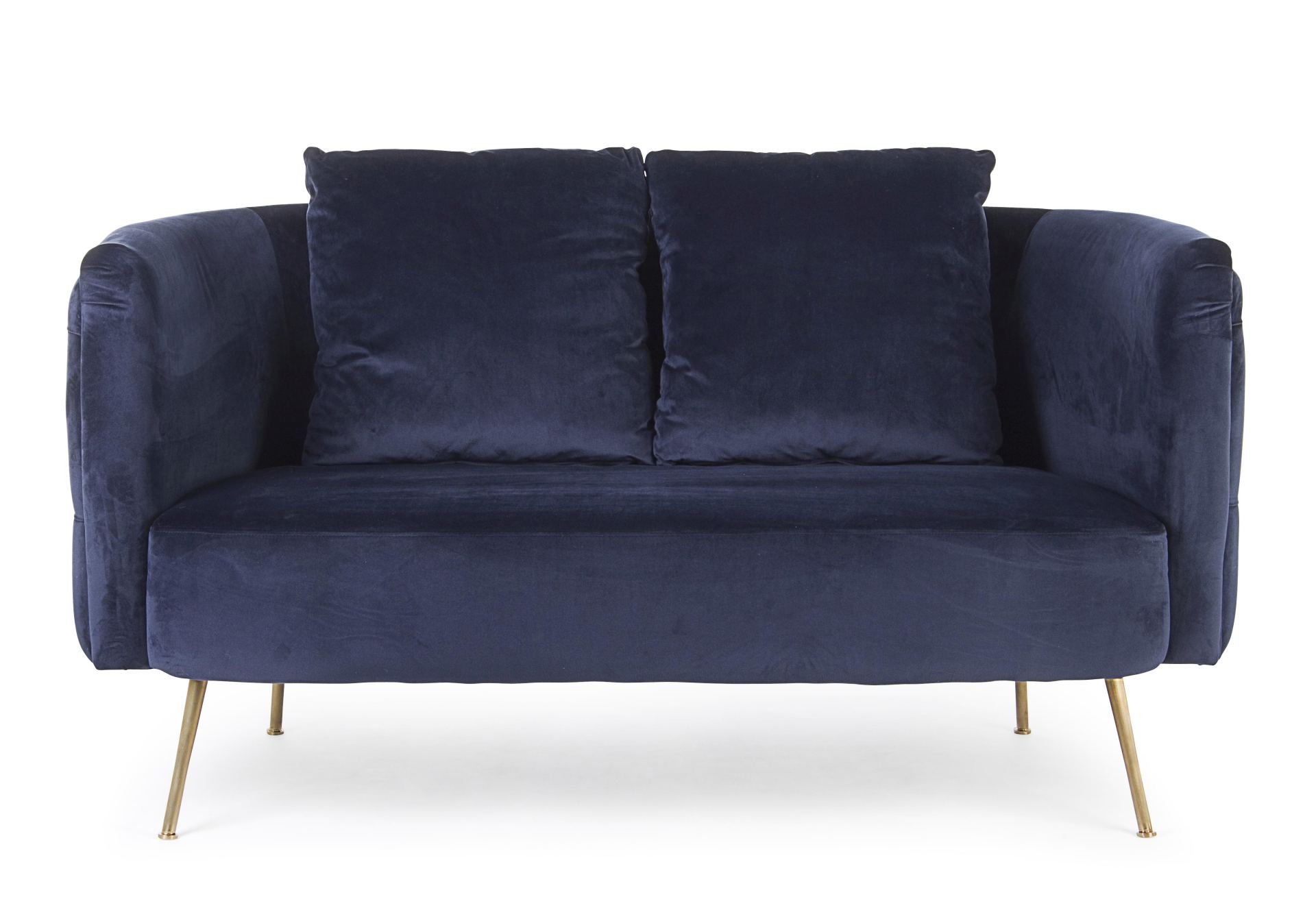 Das Sofa Tenbury überzeugt mit seinem modernen Design. Gefertigt wurde es aus Stoff in Samt-Optik, welcher einen blauen Farbton besitzt. Das Gestell ist aus Metall und hat eine goldene Farbe. Das Sofa ist in der Ausführung als 2-Sitzer. Die Breite beträgt