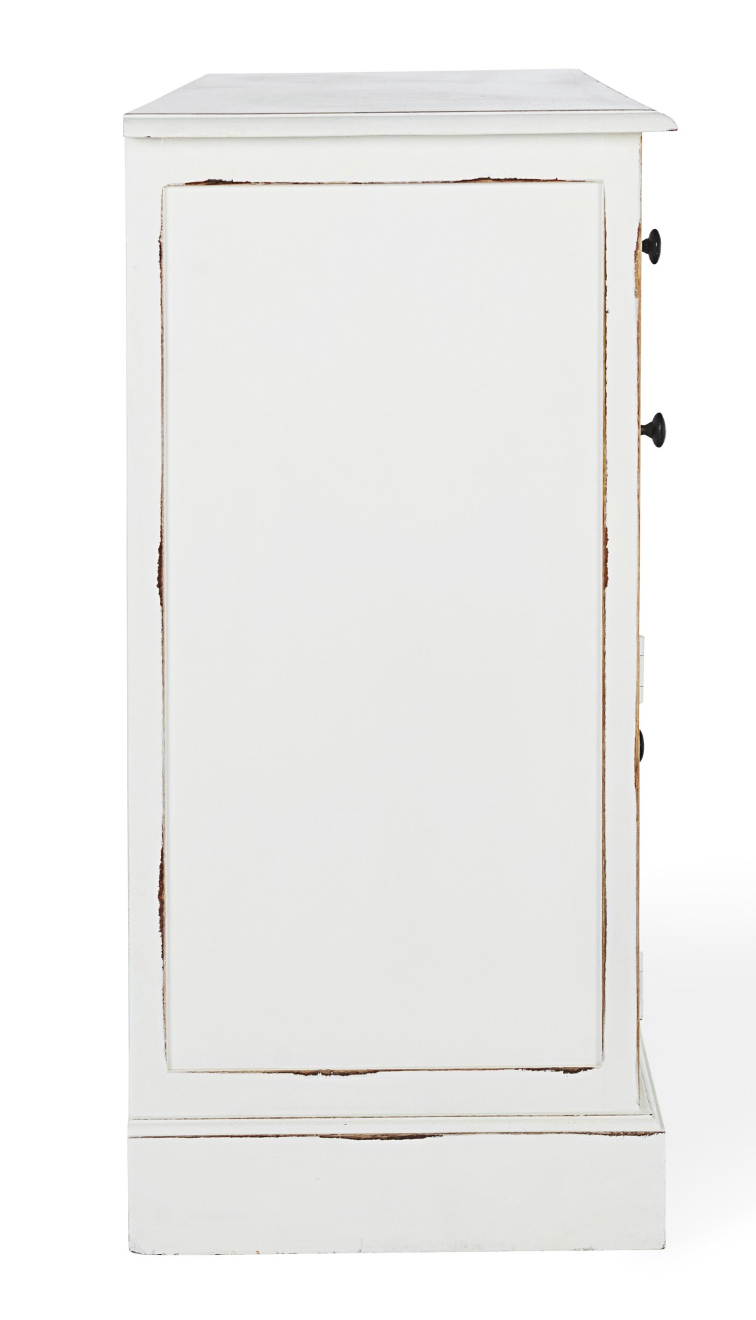 Das Sideboard Jefferson überzeugt mit seinem klassischen Design. Gefertigt wurde es aus Mango-Holz, welches einen weißen Farbton besitzt. Das Gestell ist auch aus Mango-Holz. Das Sideboard verfügt über drei Türen und drei Schubladen. Die Breite beträgt 14