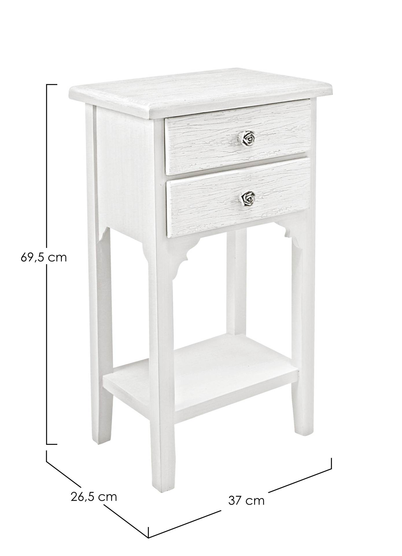 Der Nachttisch Blanc überzeugt mit seinem klassischen Design. Gefertigt wurde er aus MDF, welches einen weißen Farbton besitzt. Das Gestell ist auch aus MDF. Der Nachttisch verfügt über zwei Schubladen. Die Breite beträgt 37 cm.