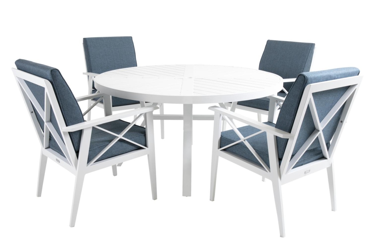 Der Gartenesstisch Sottenville überzeugt mit seinem modernen Design. Gefertigt wurde die Tischplatte aus Metall und hat einen weißen Farbton. Das Gestell ist auch aus Metall und hat eine weiße Farbe. Der Tisch besitzt einen Durchmesser von 140 cm.