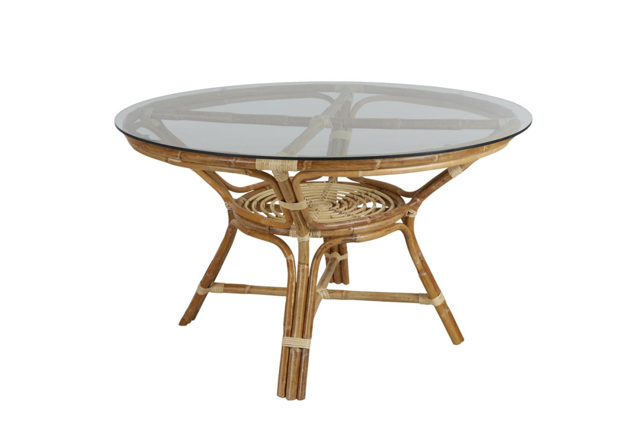 Der Gartenesstisch Vallda überzeugt mit seinem modernen Design. Gefertigt wurde die Tischplatte aus Glas. Das Gestell ist auch aus Rattan und hat eine natürliche Farbe. Der Tisch besitzt einen Durchmesser von 120 cm.