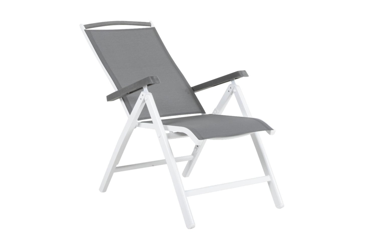 Der Gartenstuhl Andy überzeugt mit seinem modernen Design. Gefertigt wurde er aus Textilene, welches einen grauen Farbton besitzt. Das Gestell ist aus Metall und hat eine weiße Farbe. Die Sitzhöhe des Sessels beträgt 44 cm.