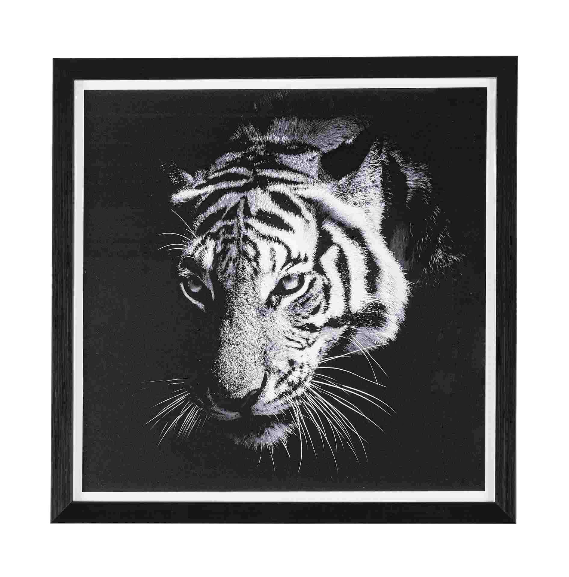 Das Bild Tiger überzeugt mit ihrem klassischen Design. Das Bild verfügt über einen Druck auf Papier. Das Gestell ist aus MDF und der Rahmen aus Kunststoff. Die Maße sind 43x43 cm.