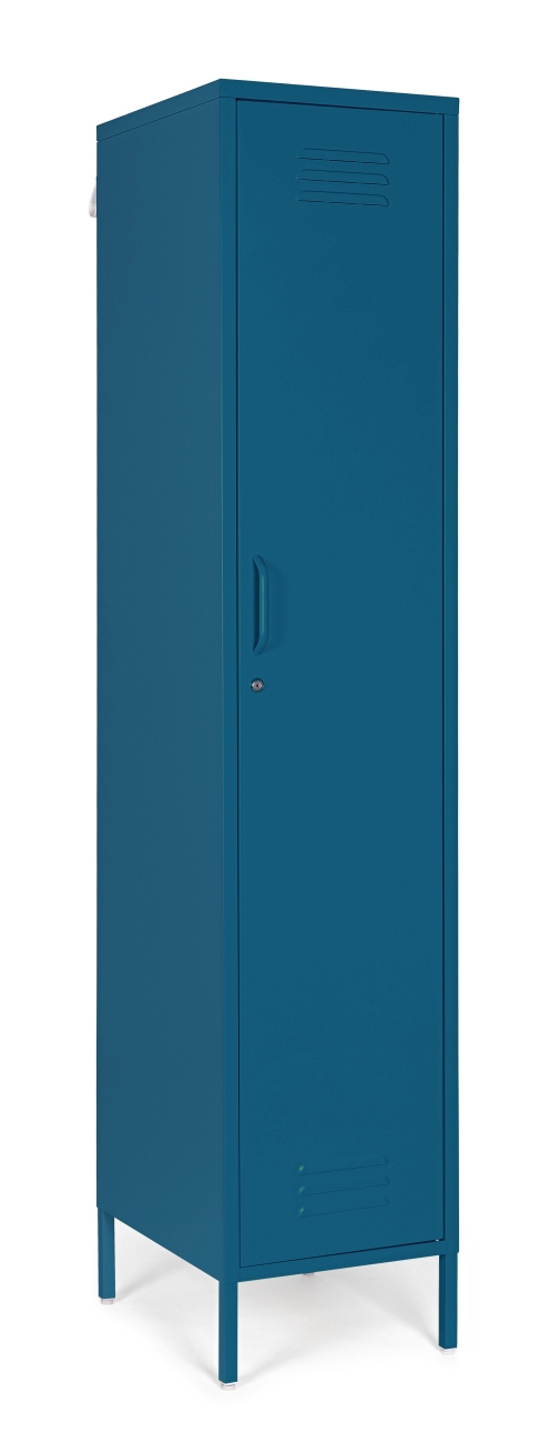 Der Kleiderschrank Cambridge überzeugt mit seinem modernen Stil. Gefertigt wurde er aus Metall, welches einen blauen Farbton besitzt. Das Gestell ist auch aus Metall. Der Kleiderschrank verfügt über eine Tür.