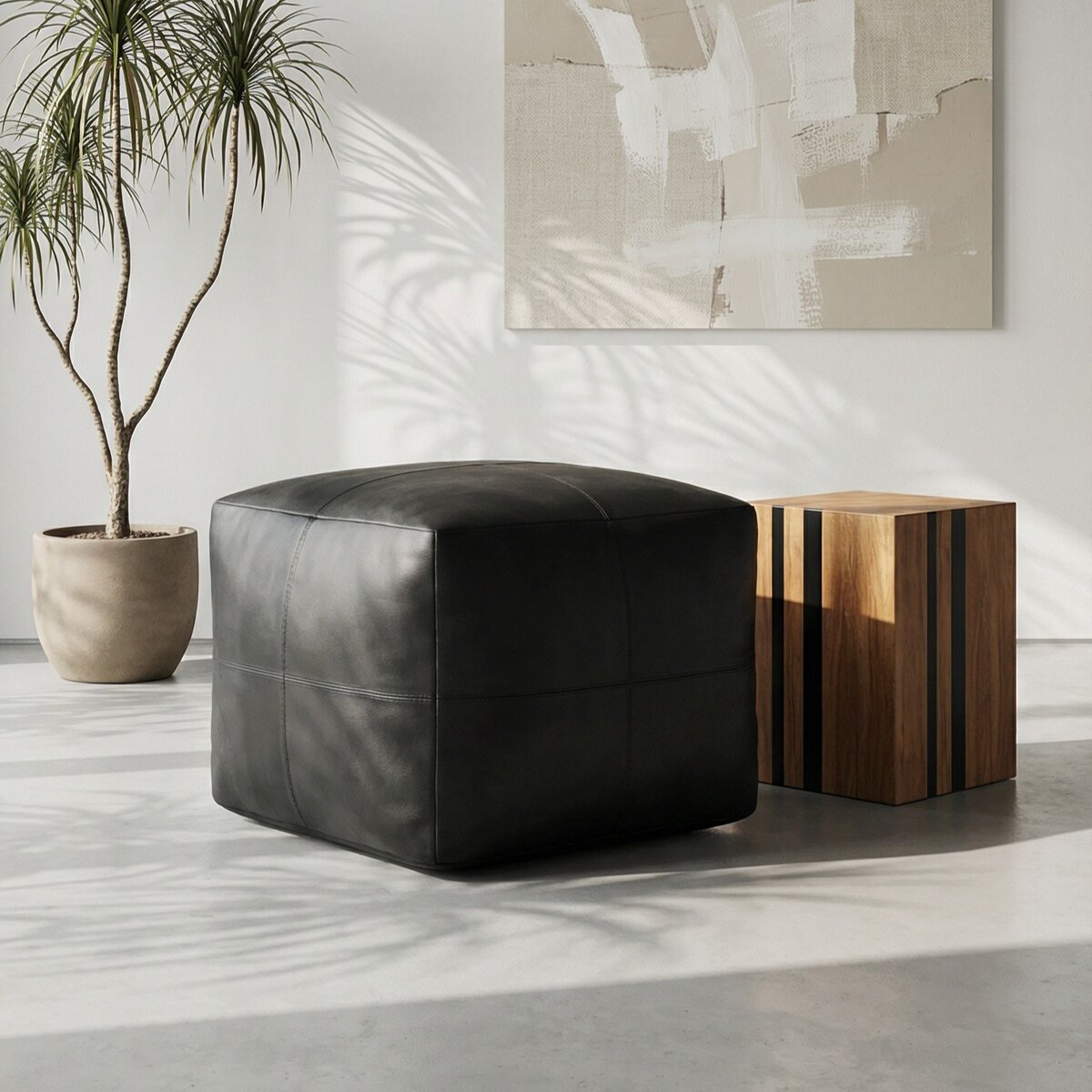 Pouf Anneta aus Leder 50x50 cm, Schwarz