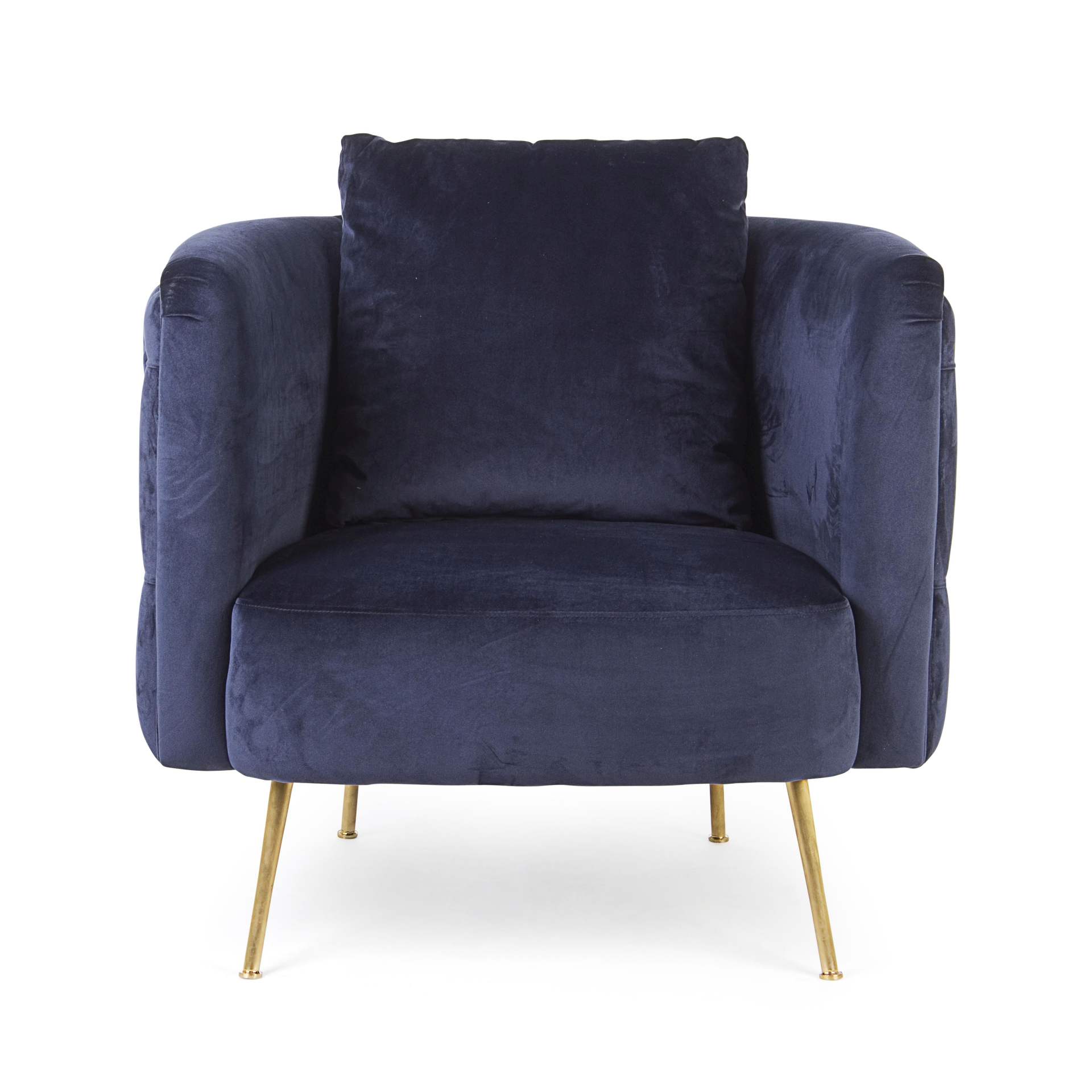 Der Sessel Tenbury überzeugt mit seinem modernen Design. Gefertigt wurde er aus Stoff in Samt-Optik, welcher einen blauen Farbton besitzt. Das Gestell ist aus Metall und hat eine goldene Farbe. Der Sessel besitzt eine Sitzhöhe von 42 cm. Die Breite beträg