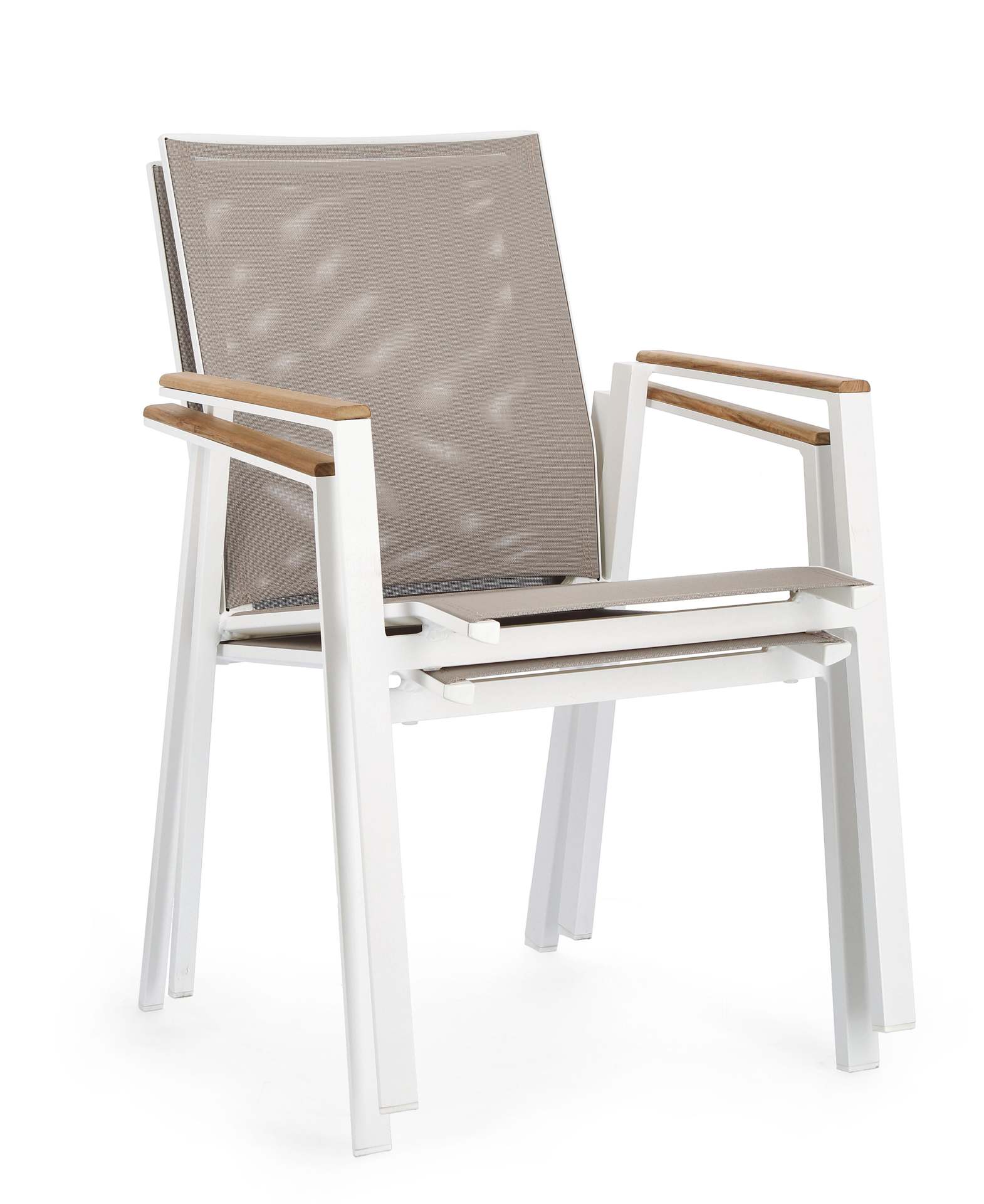 Der Gartenstuhl Cameron überzeugt mit seinem modernen Design. Gefertigt wurde er aus Textilene, welcher einen grauen Farbton besitzt. Das Gestell ist aus Aluminium und hat eine weiße Farbe. Der Stuhl verfügt über eine Sitzhöhe von 44 cm und ist für den Ou
